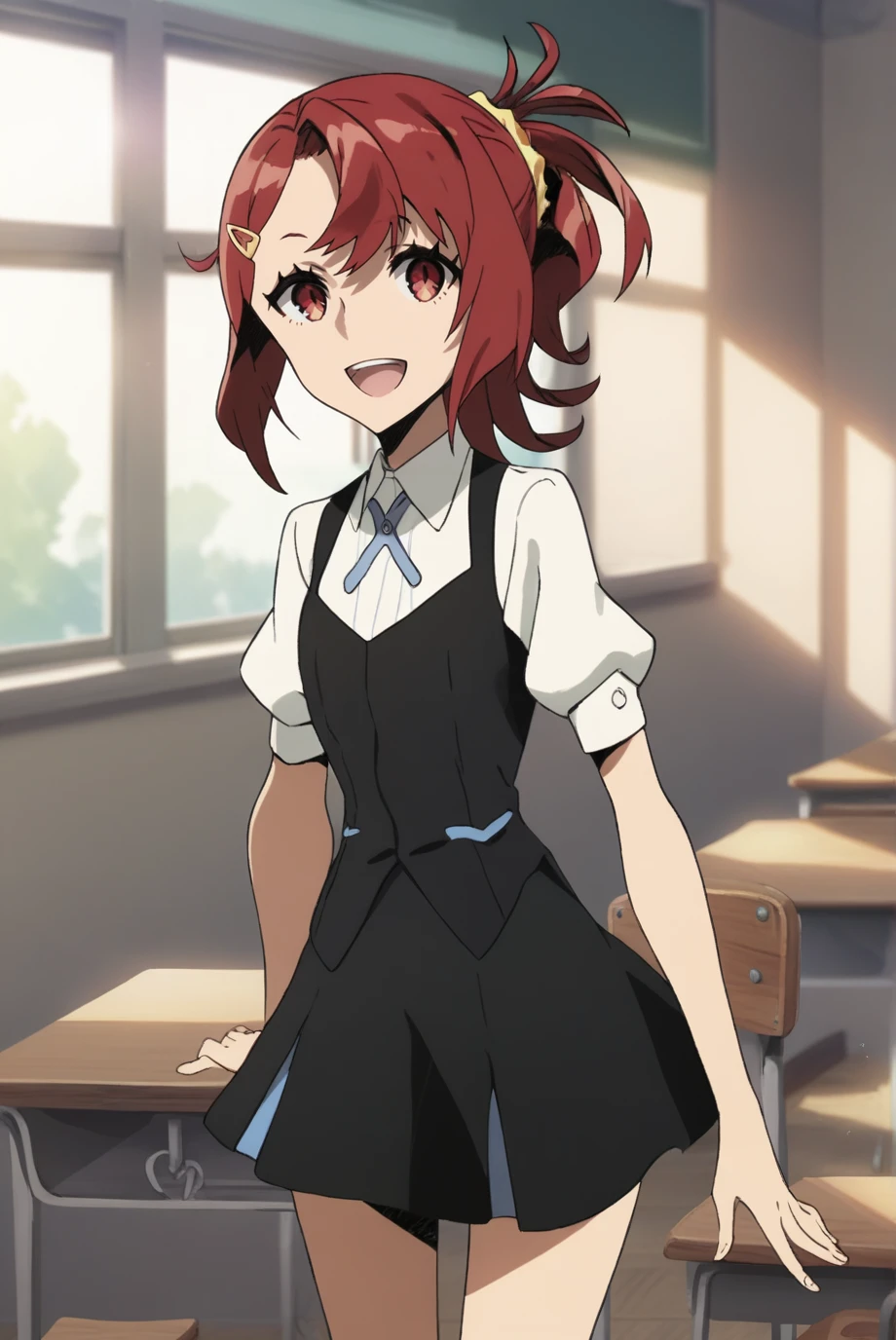 score_9, score_8_up, score_7_up, score_6_up, score_5_up, score_4_up, BREAK source_anime, 1girl,
<lora:ChidoriTakashiroXL-v1-03:1>, ChopioChidoriTakashiro, red hair, medium hair, shiny hair, ponytail, asymmetrical bangs, hairclip, red eyes, hair scrunchie, (looking at viewer:1.3),
outfit_1, short black dress, white shirt, neck ribbon, puffy short sleeves,
classroom, standing, smile=e, open mouth, desk, chair, window,