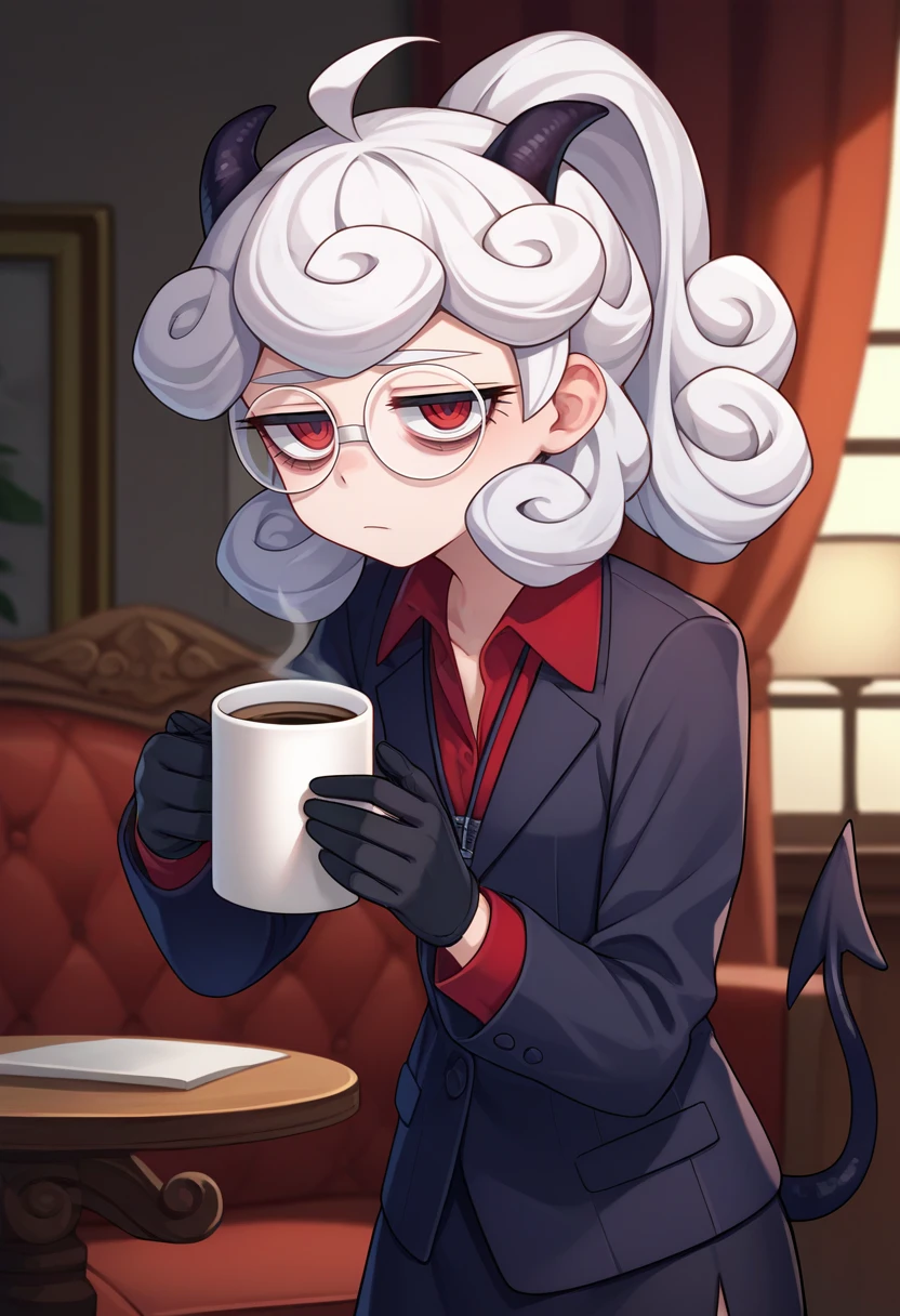 score_9, score_8_up, score_7_up, source_anime, solo, 1girl, htpandemonica, tired, looking at viewer, standing, holding coffee mug, curly hair, ahoge, ponytail, demon horns, round eyewear, glasses, formal, suit, black jacket, long sleeves, black gloves, red shirt, black skirt, demon tail, indoors <lora:helltaker_pandemonica_ponyXL:1>