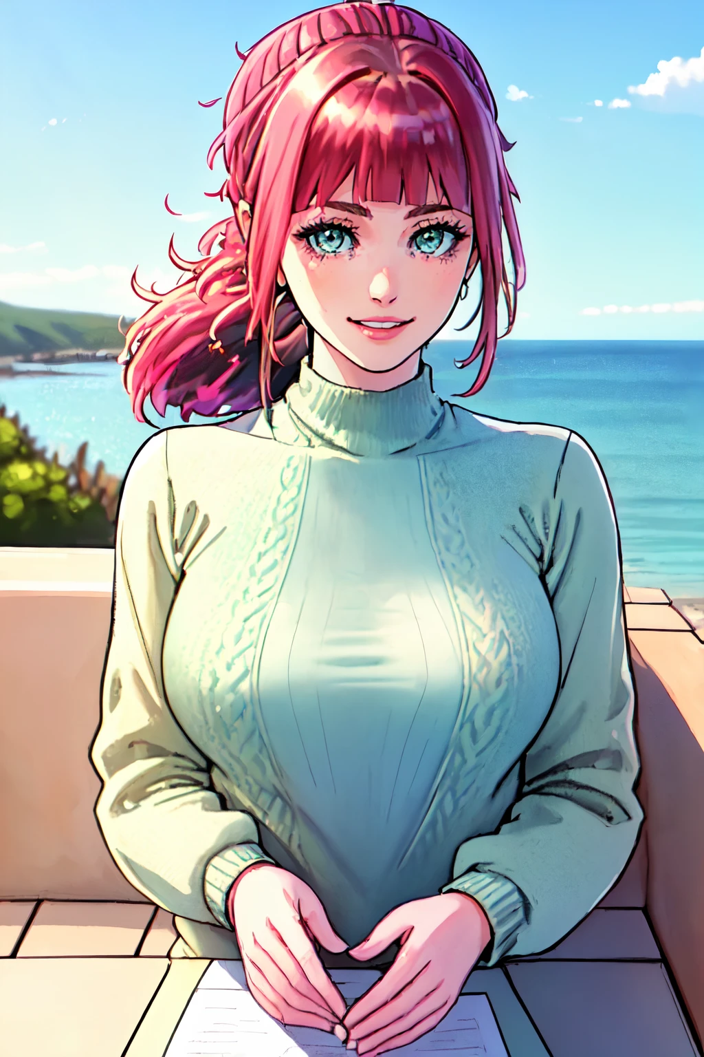 beautiful eyes, beautiful girl, high detail skin, high detail eyes, high detail hair, highres, ultra detailed, sharpen picture, Highly detailed, masterpiece, best quality, photorealistic,
<lora:Female NobunagaLora:0.8>1girl, short hair, bangs, short ponytail, green sweater:1.4, long sleeves, upper body, cute smile, palms, blue sky, white clouds