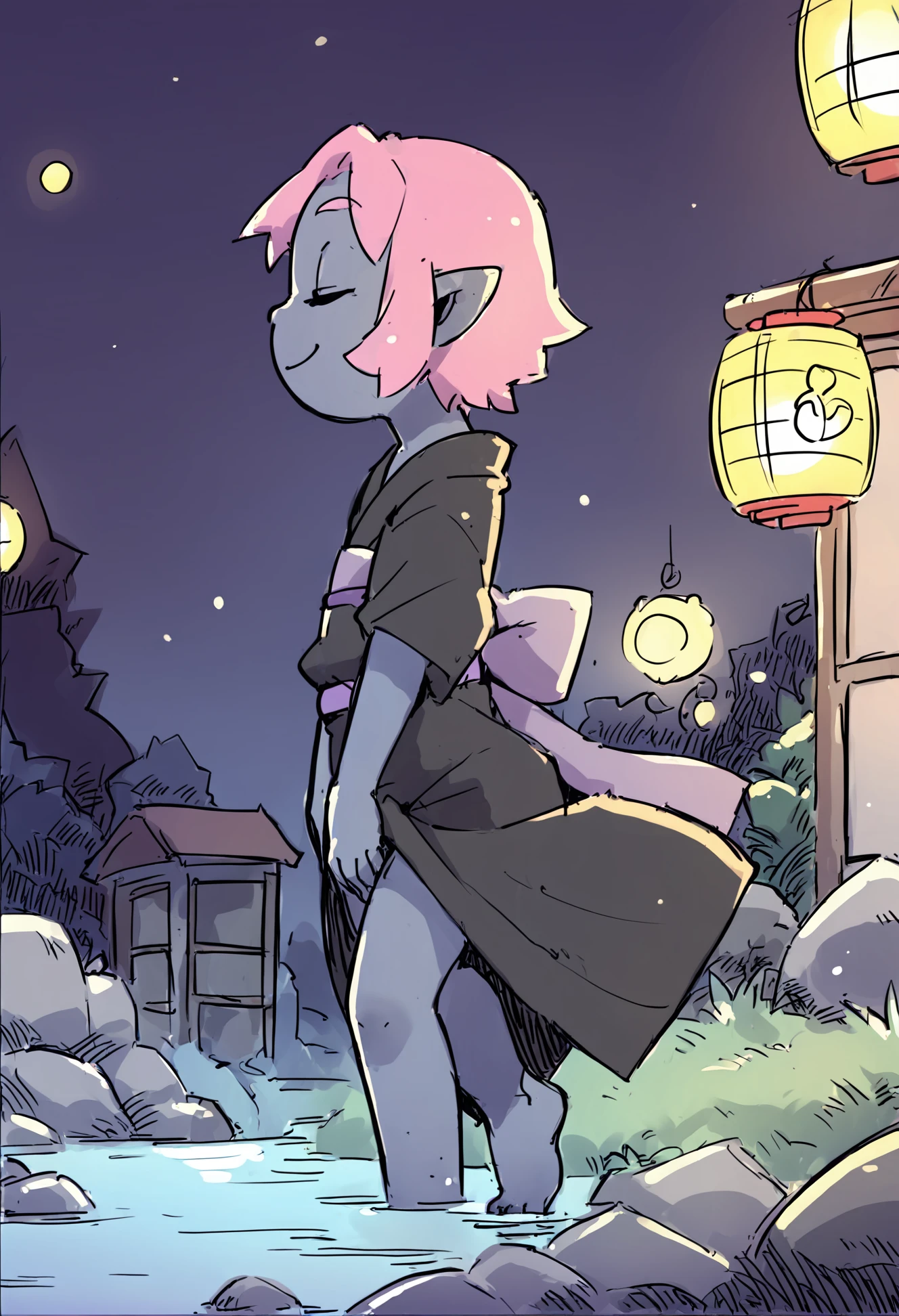 (score_9, score_8_up), score_7_up, score_6_up, score_5_up, score_4_up, Coqueline, 1girl, blue skin, short hair, pink hair, pointy ears, black kimono, yukata, purple belt, japanese garden, pond, rocks, grass, smile, from side, walking, closed eyes, closed mouth, hand on own crotch, night, paper lantern, full body, barefoot, gravel, gravel path, <lora:Coqueline_XL_Pony:1> <lora:nomeoil:1> sketch