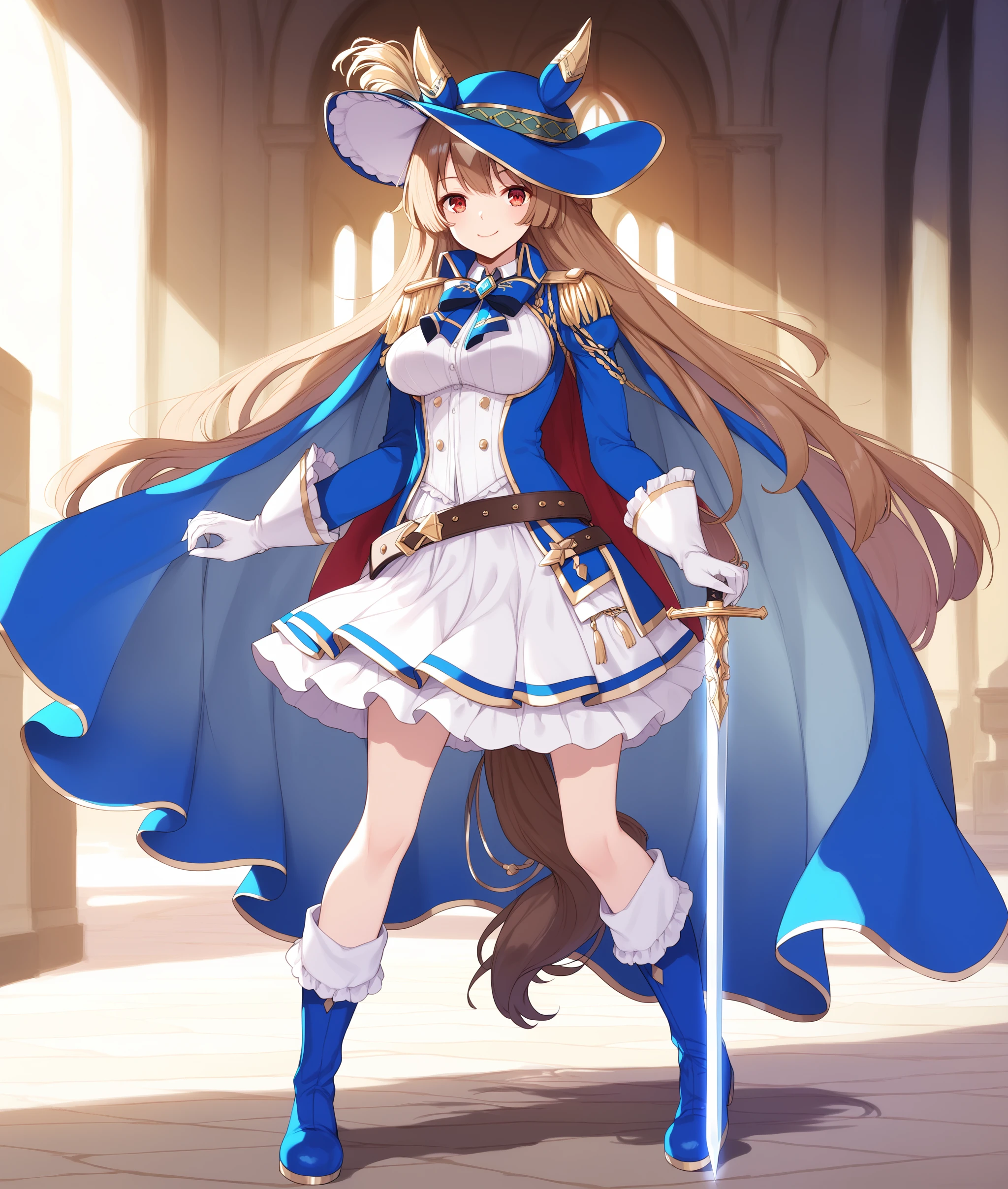 score_9, score_8_up, score_7_up BREAK
castle,
chevalier_bleu, 1girl, solo, long hair, breasts, looking at viewer, blush, smile, skirt, brown hair, red eyes, gloves, hat, animal ears, medium breasts, closed mouth, standing, tail, full body, weapon, braid, blue boots, frills, belt, sword, white gloves, cape, shadow, white skirt, knee boots, horse ears, horse girl, horse tail, blue headwear, epaulettes, ears through headwear, rapier, saber \(weapon\), brown eyes,
five fingers, <lora:Satouno Diamond-ponyXL_V1:0.8>,