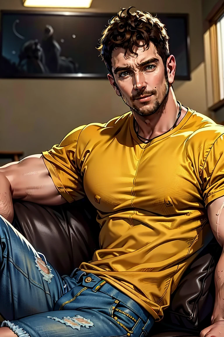 1guy, (yellow t-shirt), denim pants, short hair, muscular:1.3, , sitting,smirk, brown hair, medium hair, at the couch, seducing, looking to viewer, natural lighting, detailed face, detailed eyes, masterpiece, high_res, perfect face, , High detailed, mattrh<lora:EMS-90387-EMS:1.000000>