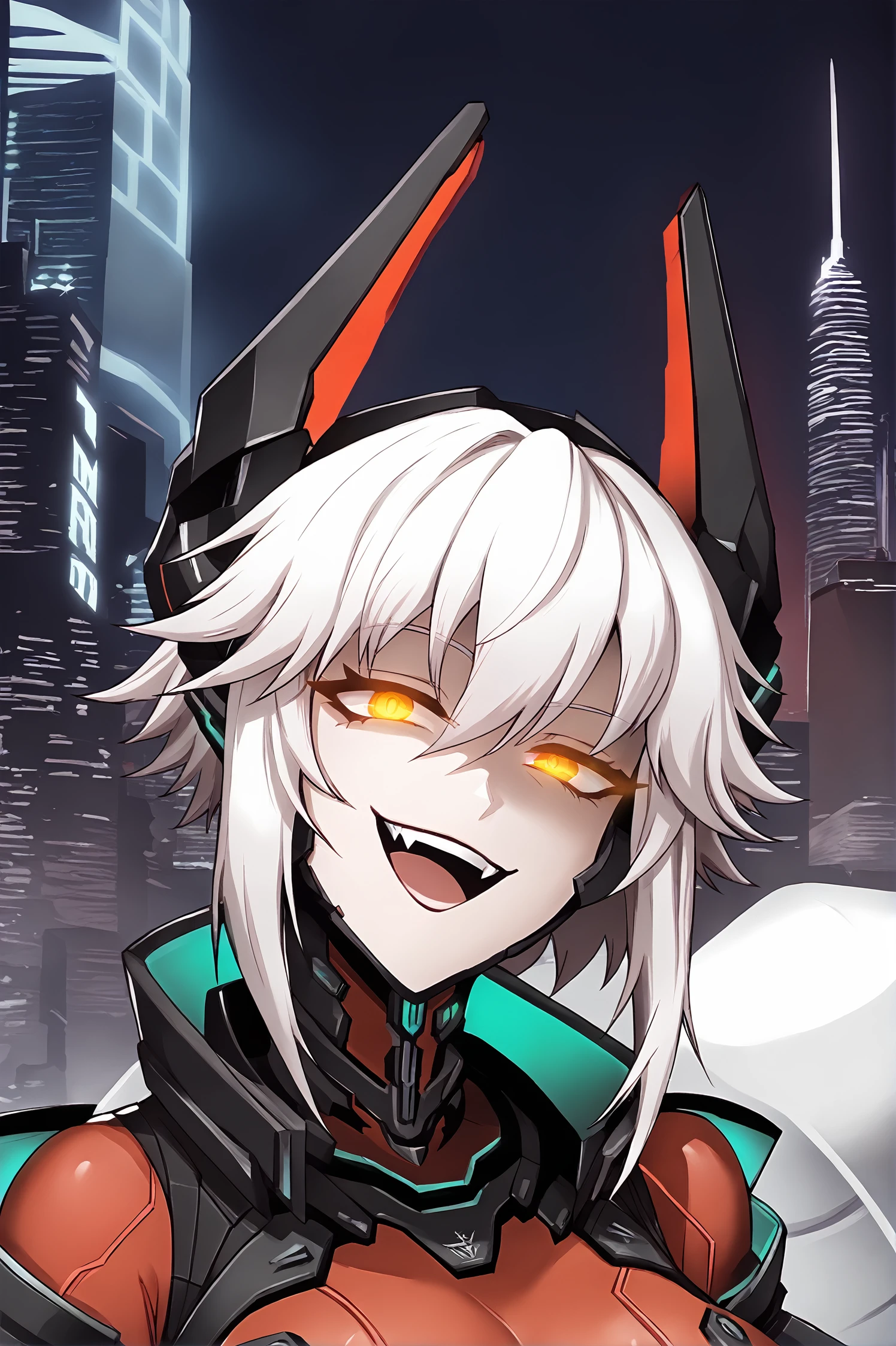 score_9, 
<lora:gesugao_v1_pruned:1>, gesugao, evil smile, open mouth, sadistic, half-closed eye, glowing eyes, 
<lora:zentreya_v1_pruned:1>, zentreya, zencyber, red bodysuit, white hair, 
upper body, looking at viewer, 
futuristic, outdoors, city, neon, night, dark, 
high resolution, Masterpiece