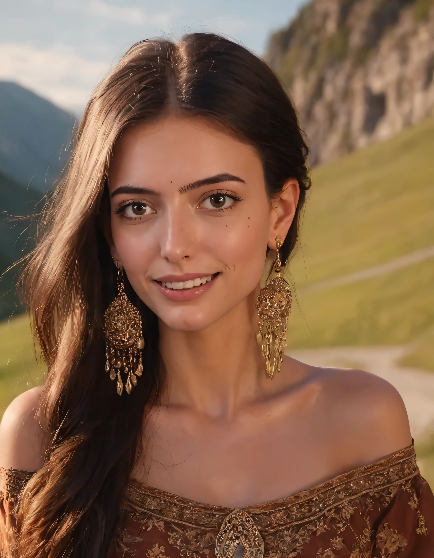 Capturing a female subject with her elegant, intricate attire in the captivating landscape of Gabschase, the portrait reveals her striking, piercing eyes, a mysterious mole near her long, black-haired tresses cascading around her shoulders and ears embellished with exquisite earrings, while the warmth of her brown hair casts an alluring glow across her vibrant teeth against the luminous backdrop. gabschase <lora:nnrlsi18e8f2fb849o16:1>
