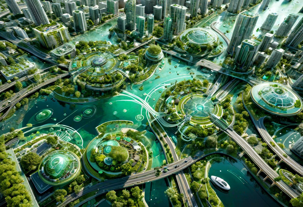 artaitwn, overhead view of downtown. Green zone planning project, illustrated, perfect, cute, water effects, highways. Bridges , giant Android guardian