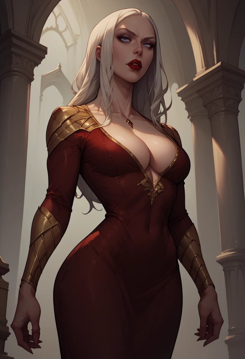 score_9, score_8_up, score_7_up, 1girl,cowboy shot, solo, karmilla, <lora:CarmillaPonyXL:0.8>, long hair, cleavage, large breasts, pauldrons, red lips, red dress,