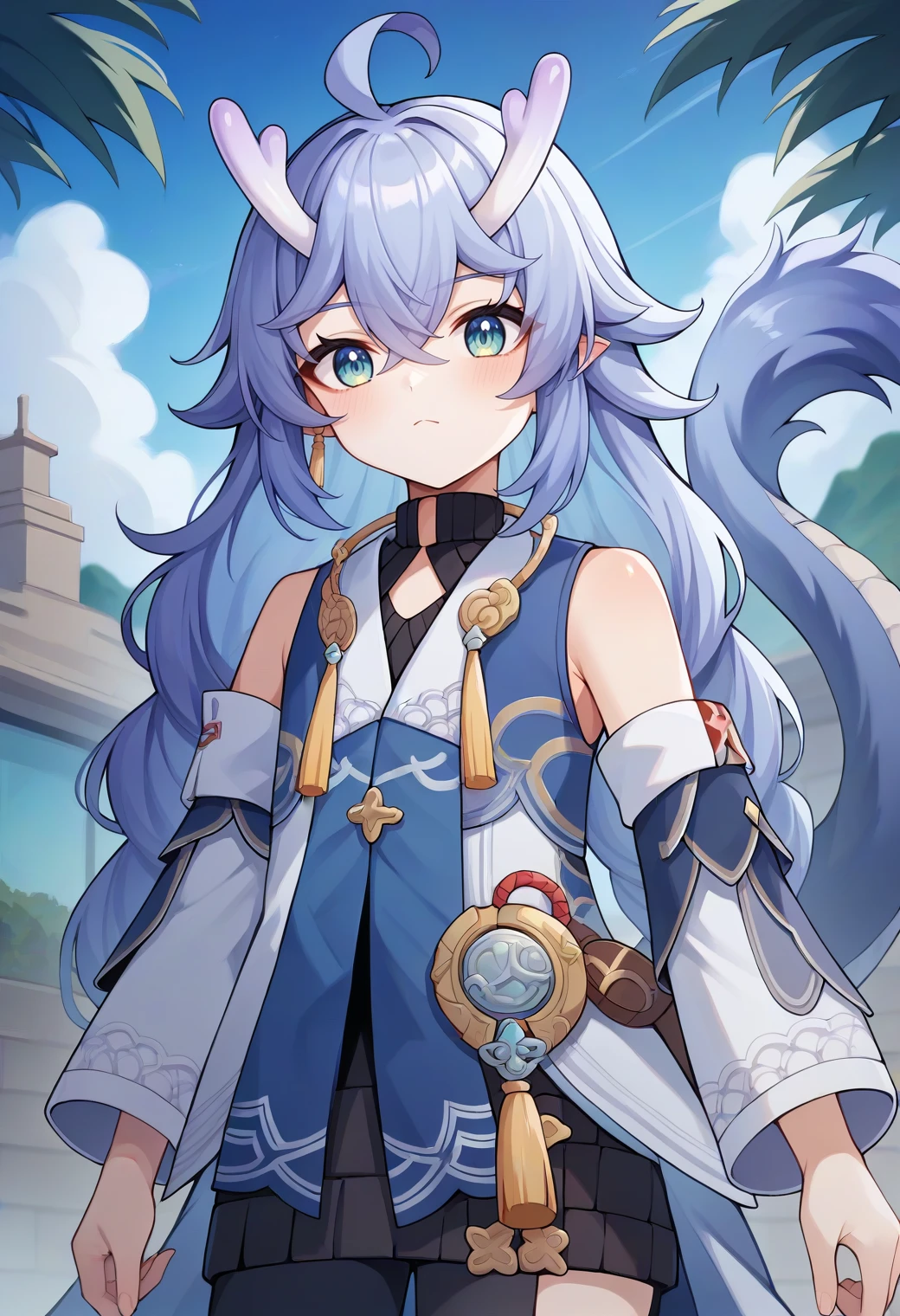 score_9,score_8_up,score_7_up,score_6_up,score_5_up,score_4_up, style_anime,
1girl, bailu \(honkai: star rail\), horns, long hair, dragon tail, crossed bangs, hair flaps, sleeveless turtleneck, sleeveless coat, detached sleeves, tassel,
solo, outdoors, cowboy shot, looking at viewer,
<lora:bailuponyxl:1>