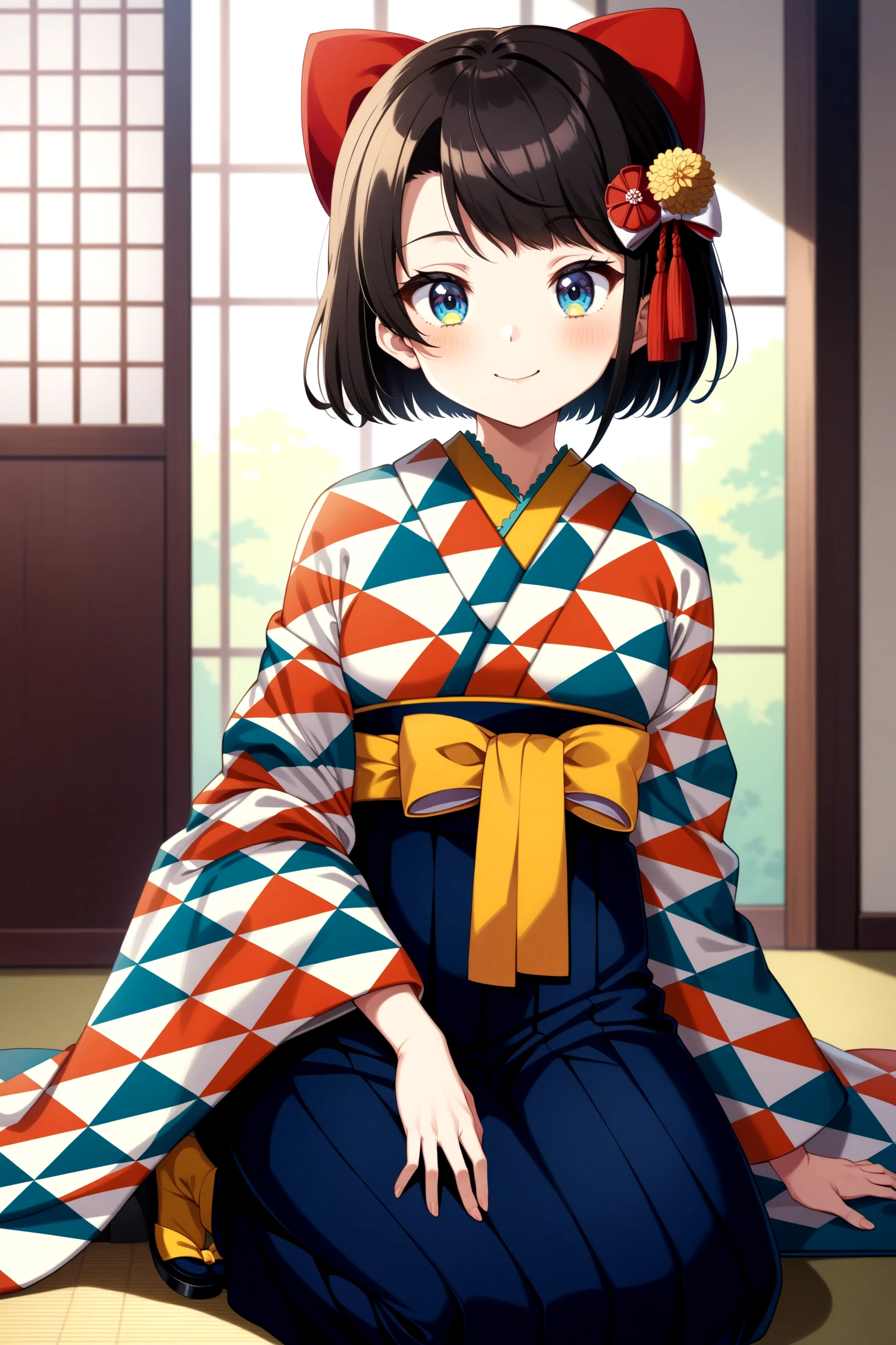 (masterpiece, best quality, very aesthetic, ultra detailed), intricate details, 4k, anime style, eesubaru, short hair, hair bow, red bow, hair ornament, japanese clothes, print kimono, long sleeves, wide sleeves, tassel, hakama skirt, blue skirt, <lora:oozora_subaru_XL_v1:0.9>, kneeling, smile, indoors