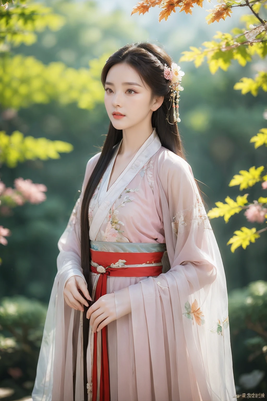 <lora:AgainChineseClothes_v1:1>,AgainChineseClothes_v1, 1girl, branch, brown hair, pink chinese clothes, dress, flower, hair flower, hair ornament, hanfu, leaf, long hair, long sleeves, looking up, outdoors, parted lips, realistic, red lips, see-through, solo, standing, upper body, wide sleeves