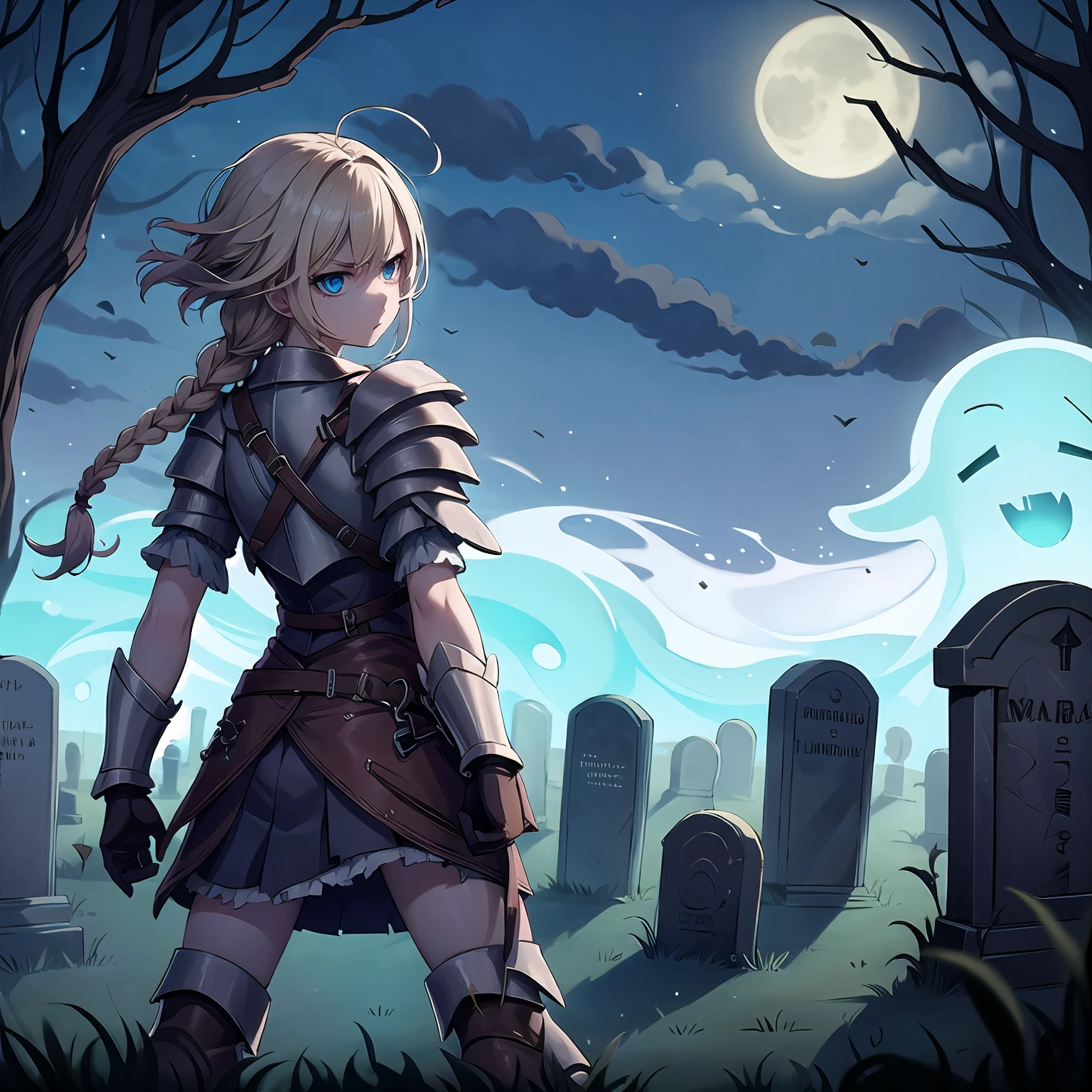 hires,high quality,best quality,1girl, adventurer, boots,armor, skirt, sword,scabbard, night, dark,braided hair, gloves, blonde hair, blue eyes, character focus, concerned expression, graveyard-background,graveyard,tombstone, graves,night,mist, moon, eerie,ghost, ominous, creepy, dark,(cowboy shot:1.2),( fighting stance:1.2), from behind, angry ghost
<lora:graveyard v1:0.9> <lora:left side position:1.0>  <lora:Add Detail:0.4>