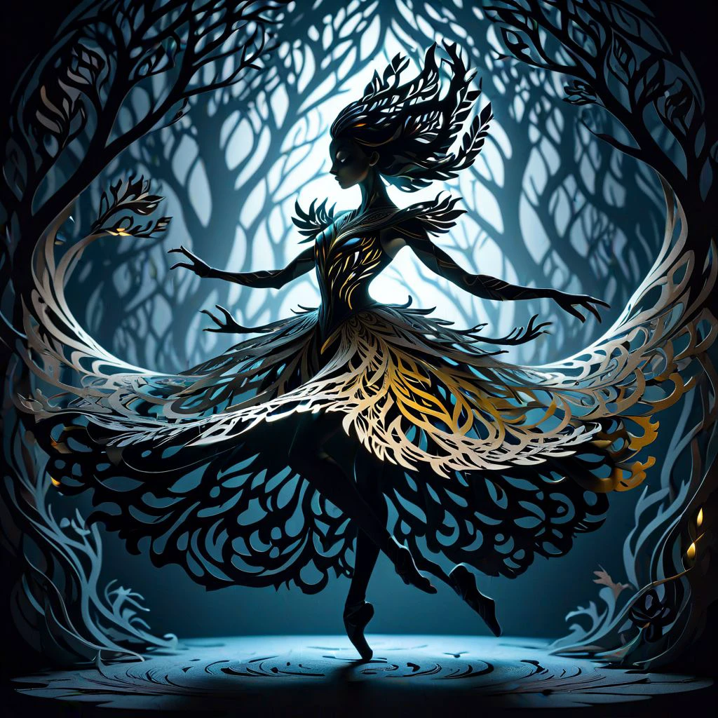 artpkplnt, illustration, dancer in the dark, 4k, uhd, warlock, masterpiece, Artpprct, in the style of papercutting