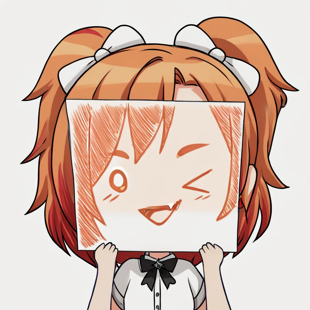score_9, score_8_up, score_7_up, <lora:PaperLikeFacePony:0.8>
PaperLikeFace, 1girl, solo, smile with a fang, open mouth, simple background, multicolored hair blending orange and grey, short sleeves, upper body, holding paper with both hands, chibi style, triangle mouth, transparent background, bowtie and hair bow, one eye closed