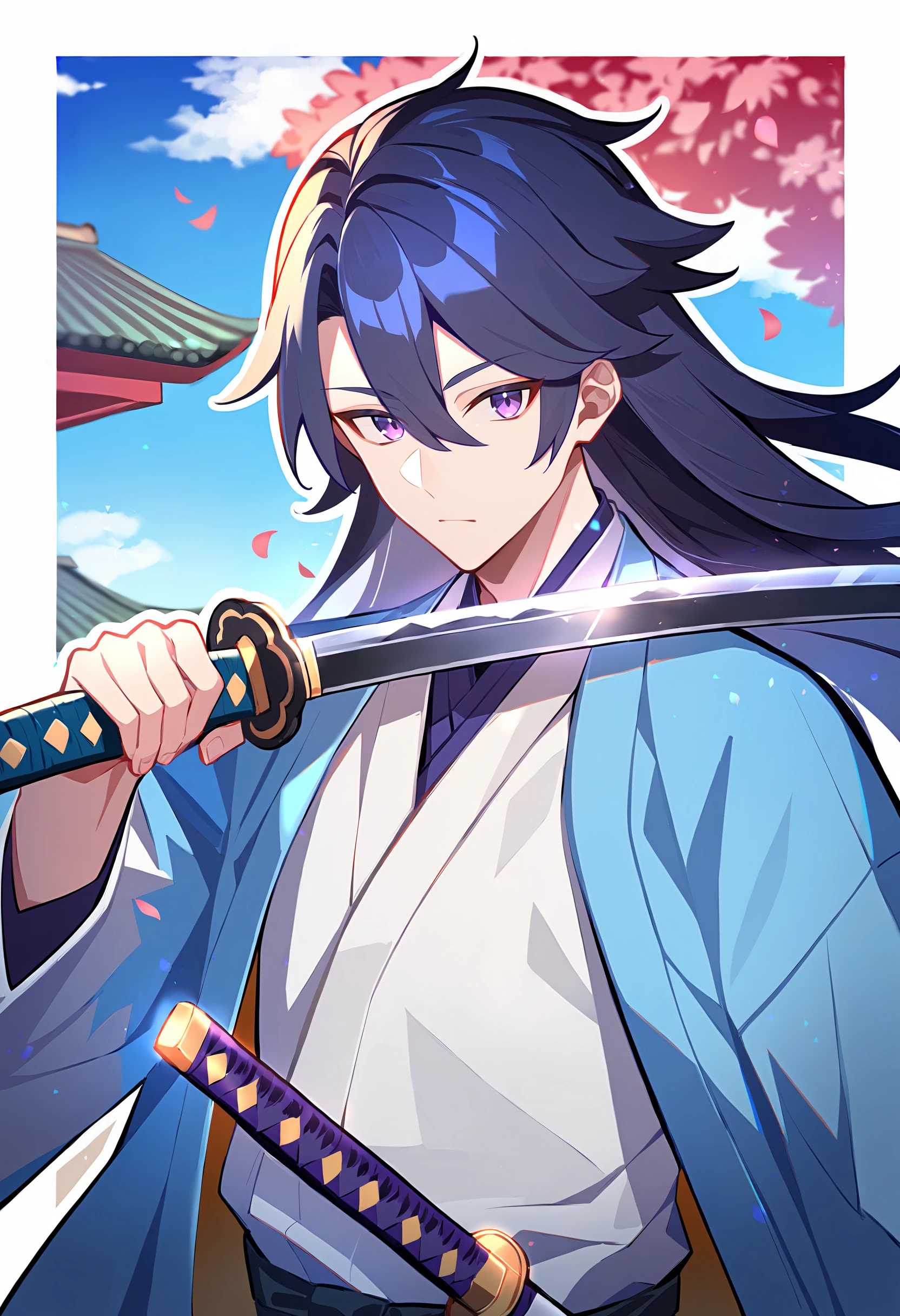 1boy, male focus, bishounen, holding sword, holding weapon, katana, sword, japanese clothes, haori, east asian architecture, solo, looking at viewer, expressionless, blue hair, purple eyes, long hair, best quality, amazing quality, best aesthetic, absurdres