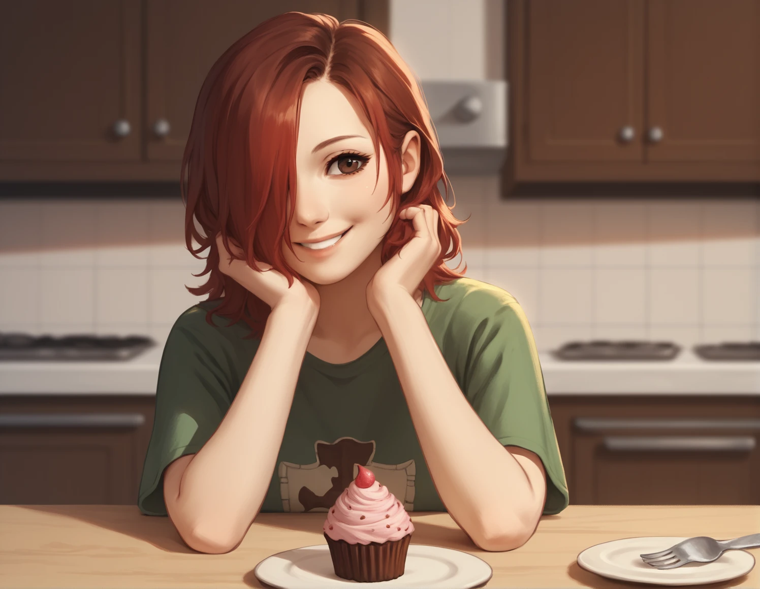 score_9, score_8_up, score_7_up, score_6_up, score_5_up, score_4_up, 1girl, solo, <lora:Emerald_Herald_-_16-8_1batch:1>, hair over one eye, brown eyes, brown hair, red hair, green t-shirt, jeans BREAK sitting, table, food, cupcake, smiling, face in hands, portrait, upper body, kitchen, fantasy, cozy
