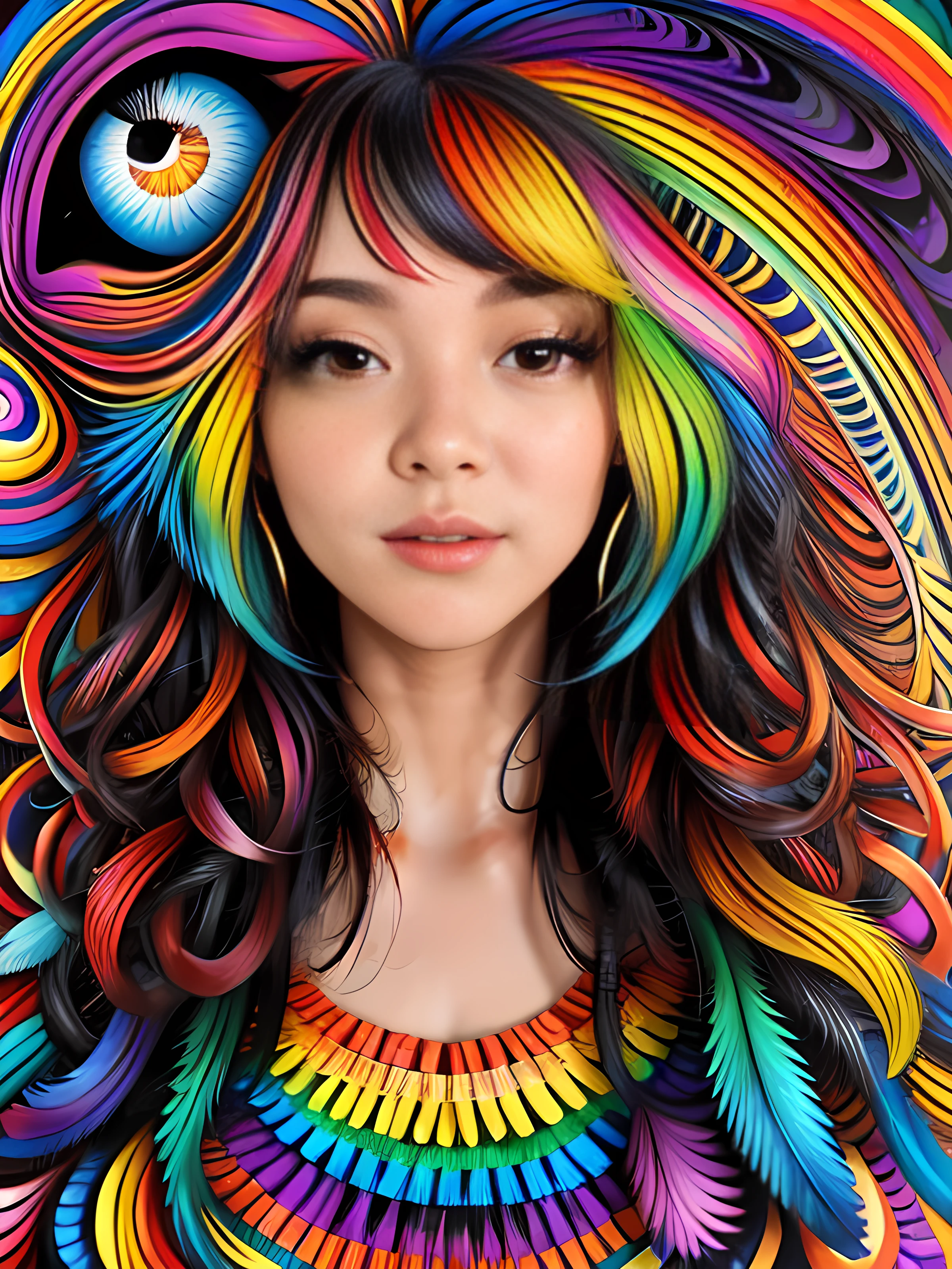 p4a psychedelic 1girl, symmetrical, upper body photo, green dress , swirling color, eyeballs <lora:p4a_v1_a-lora-e20:0.9> <lora:Cinna:.9> Cinna looking at the viewer