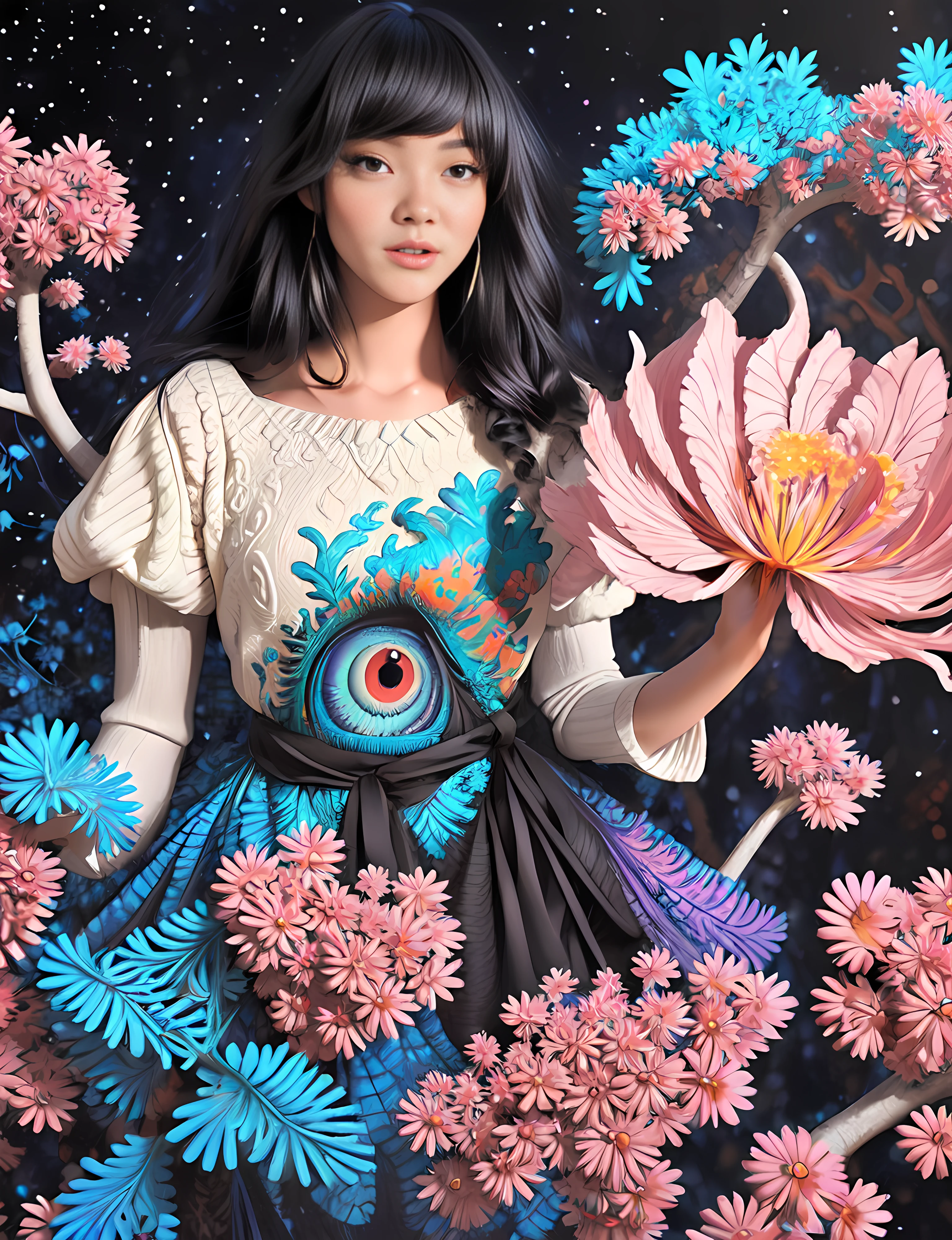 p4a psychedelic 1girl, upper body photo, black hair, blue eyes, green dress , splashed paint, white fractal background, swirling color, pink nebula, blue aurora borealis, <lora:p4a_v1_a-lora-e20:0.8> <lora:Cinna:.9> Cinna