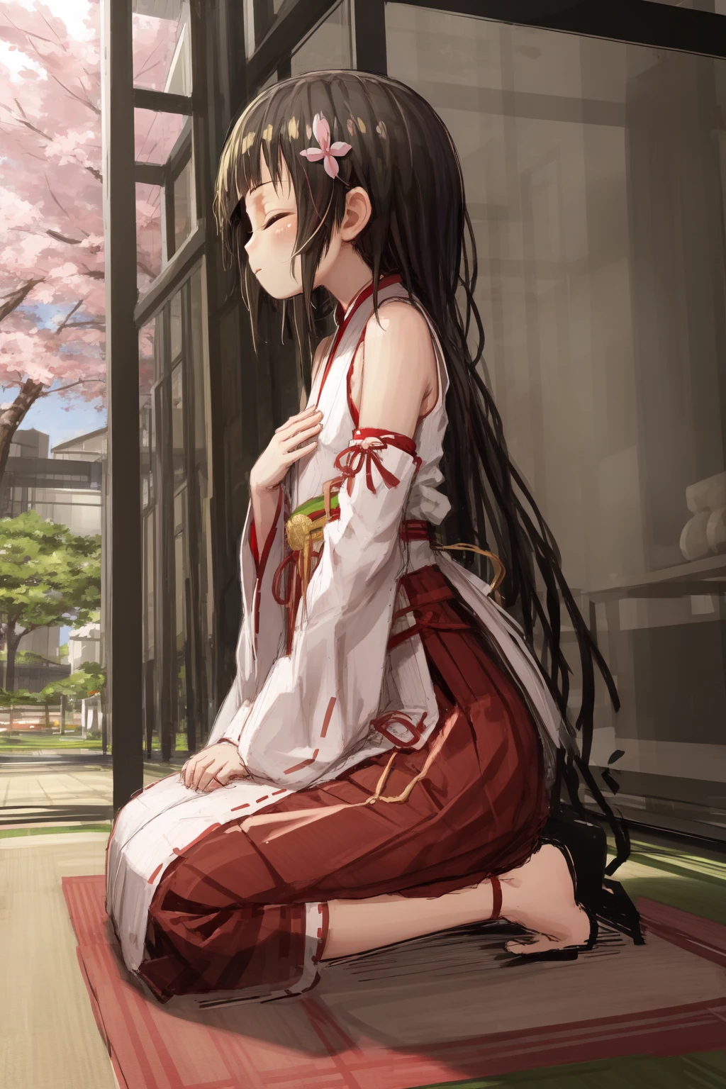 (sketch:1.25), 1girl, (cute, petite:1.2), blunt bangs, hime cut, absurdly long hair, shiny black hair, closed eyes, flat chest BREAK (praying:1.2), miko, long sleeves, red skirt, japanese clothes, tabi BREAK on floor, (seiza), from side, full body, wide shot BREAK detailed background, (outside:1.2), shrine, (cherry blossoms:1.1)