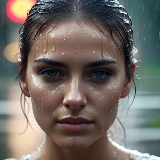 portrait photo of a beautiful womans face in the rain. <lora:rainface:0.7>