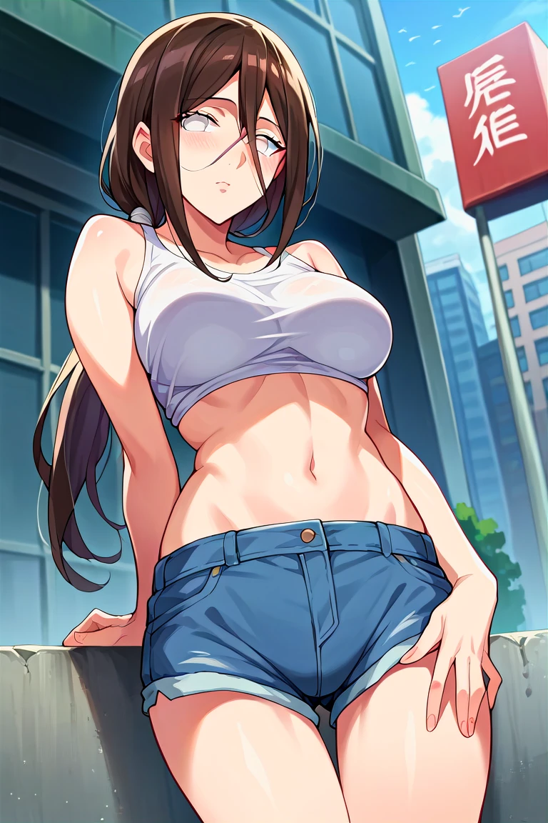 score_9, score_8_up, score_7_up, score_6_up, score_5_up, score_4_up, rating_questionable, , source_anime, digital illustration, pixiv, fanbox, uncensored, , BREAK, official art,
1girl, solo, mature female, hanabi, brown hair, white eyes, hair between eyes, low ponytail,
crop top, shorts, navel, groin, city, buildings, outdoors, blush, looking at viewer, cowboy shot,  <lora:Hanabi_Pony-10:0.8>