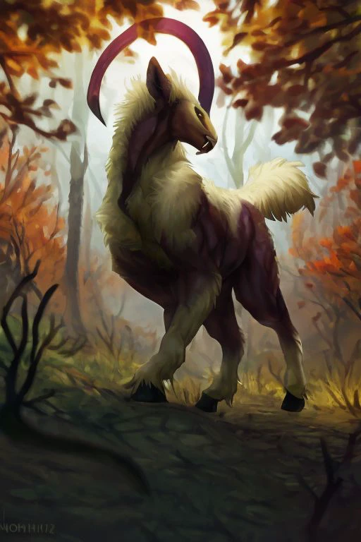 (mesmerize,) solo, (fangs,) hooves, (horn,) ((one big horn on nose,)) long horn, sickle horn, feral, quadruped, equine, fluffy tail, neck tuft, looking at viewer, front view, forest, autumn, foggy, warm lighting, sunlight through the leaves, detailed background, morning, best quality, bright colors, masterpiece, depth of field, low angle, highly detailed, by nomax, by hioshiru