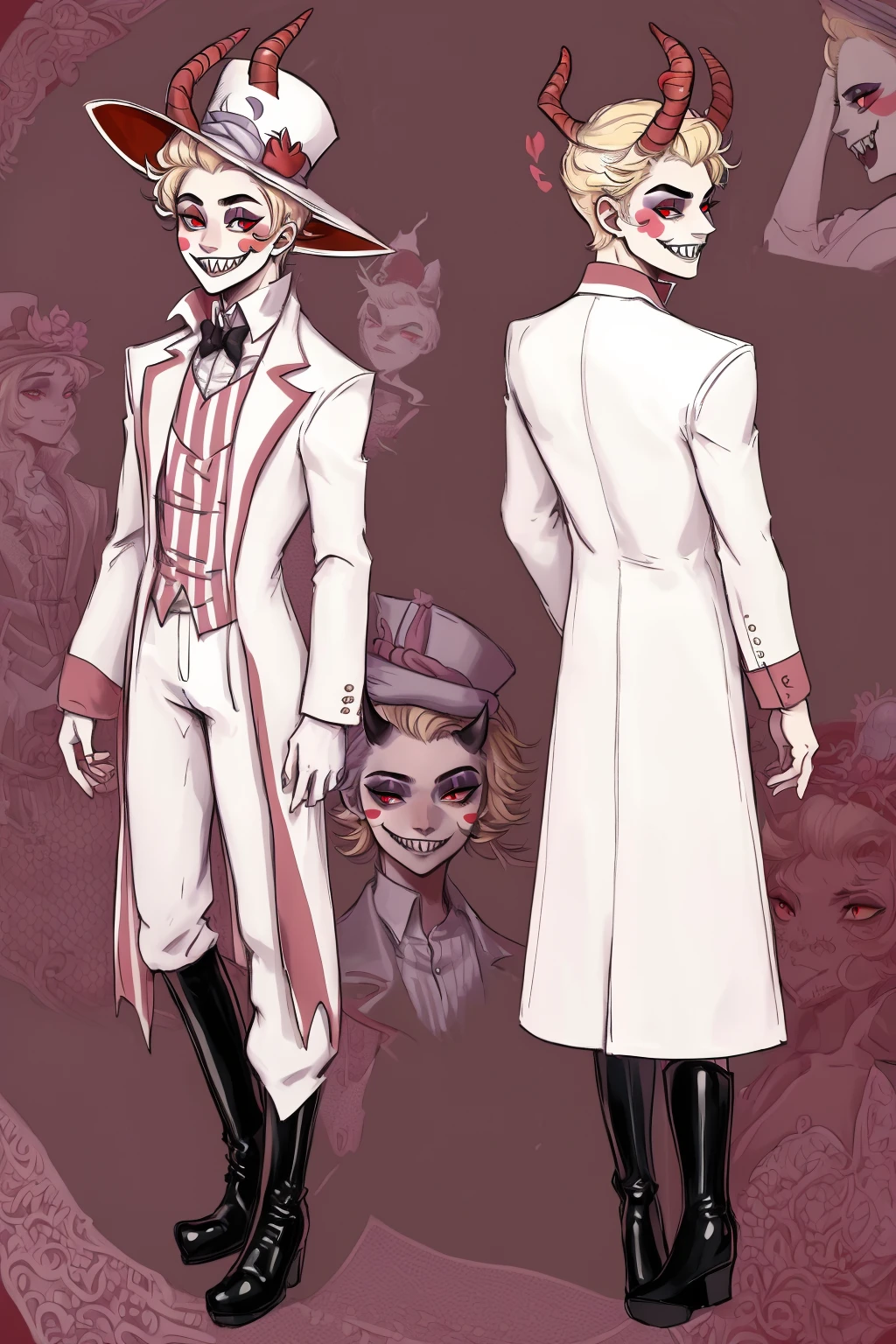 horns, (masterpiece), best quality, (perfect face, blush stickers, grin, sharp teeth, colored skin, makeup), 1boy, male focus, (blonde hair, short hair), (top hat, hat, white headwear), (white coat, long sleeves, striped shirt, suit, boots), (red eyes)  <lora:Lucifer-003:0.8>  <lora:reference sheet-model sheet:1>, reference sheet, model sheet, (multiple views, [full body|from behind|from side|from front|close-up|upper body|portrait]:1),