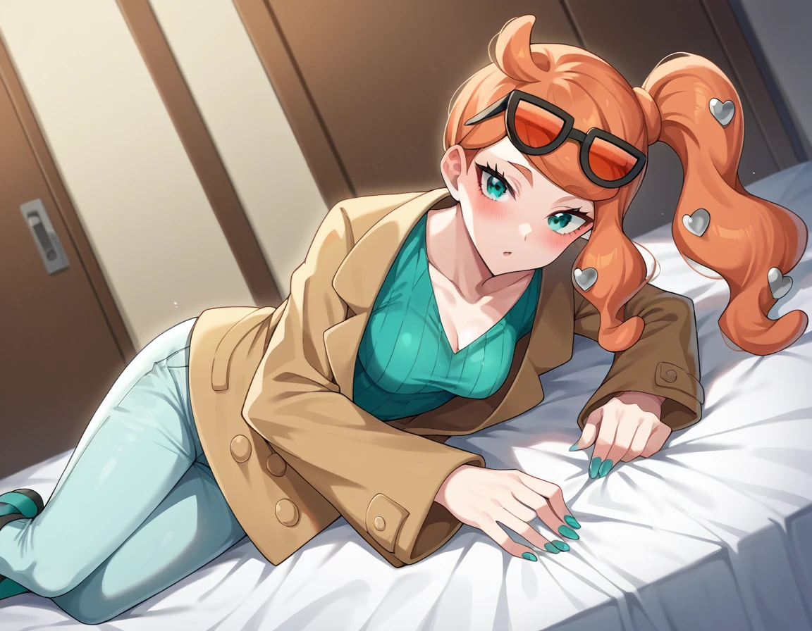 score_9, score_8_up, score_7_up, source_anime,
pokemonsonia, <lora:pokemon-sonia-ponyxl-lora-nochekaiser:1>
pokemonsonia, aqua eyes, heart, heart hair ornament, long hair, long sleeves, orange hair, side ponytail, swept bangs,
aqua footwear, aqua nails, aqua shirt, brown coat, brown jacket, coat, collarbone, eyewear on head, jacket, long sleeves, orange-tinted eyewear, pants, ribbed shirt, shirt, sunglasses, tinted eyewear,
indoors, bed, bed room, on side, blush, drunk,
looking at viewer, cowboy shot, dutch angle,