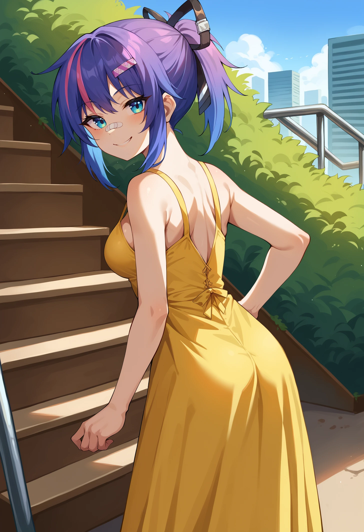 score_9, score_8_up, score_7_up, BREAK 1girl, solo, ProjektMelodyOriginal, bandaid on nose, medium breasts, <lora:ProjektMelodyOriginalPDXL_V1-Manityro-CAME:1.0>, outdoors, stairs, bush, cityscape, from behind,
looking at viewer, smile, smirk,
short hair, ponytail, hair ribbon, hairclip, yellow dress, sundress