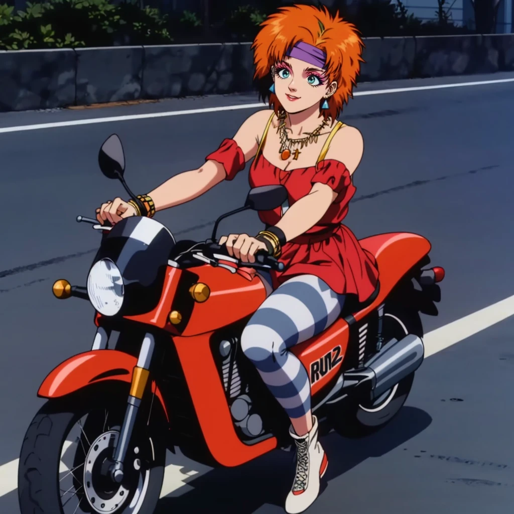 <lora:MZ2CindyArper001:0.7>,
solo,
MZ2CindyArper,1girl,orange hair,short hair,eyeshadow,aqua eyes,1980s (style),
headband,necklace,
dress,detached sleeves,
shorts,pantyhose,striped pattern,
full body,motor cycle,riding,