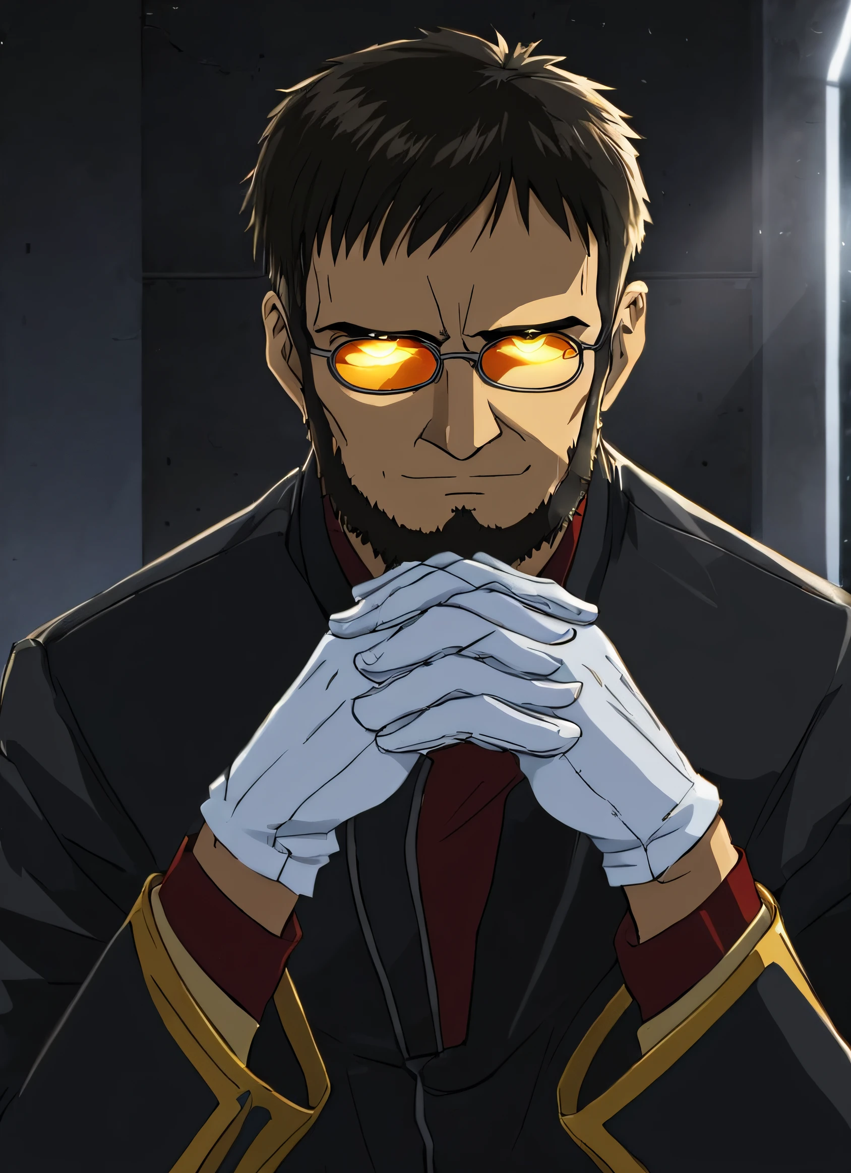<lora:Anime_Enhancer_XL:0.7> <lora:ikari gendo:0.9> ,solo,looking at viewer,short hair,black hair,gloves,long sleeves,1boy,upper body,male focus,glasses,indoors,white gloves,black jacket,glowing,facial hair,own hands together,interlocked fingers,glowing eyes,beard,own hands clasped,opaque glasses,gendo ikari