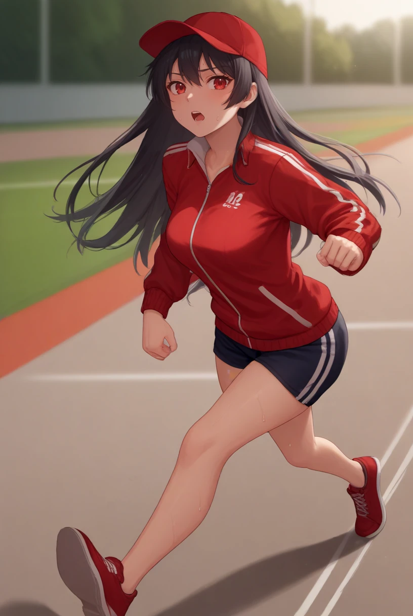 score_9, score_8_up, score_7_up, source_anime, 1girl, looking at viewer, cowboy shot,
<lora:AkamePdxlDwnsty-000007:1>, red eyes, long hair, black hair, gym uniform,  gym shorts, red sneakers,red baseball cap, track jacket, red jacket, 
medium breasts, running, speed lines, sweat, open mouth,
outdoors, running track,