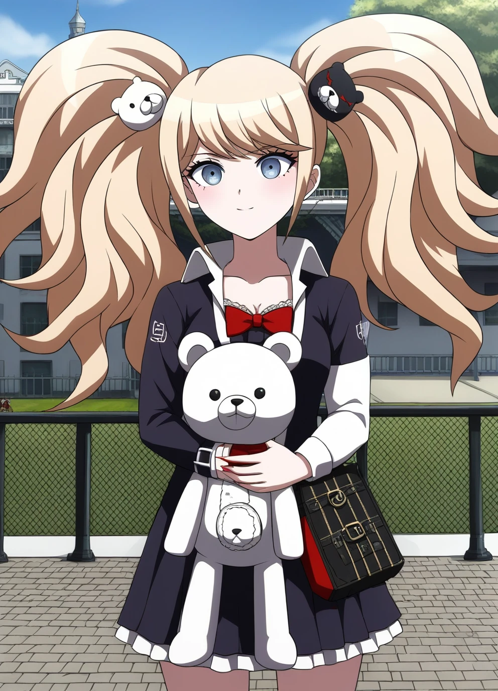 score_9, score_8_up, source_anime,1girl,junkoXL, <lora:junkoXL2:1>,blonde hair,twintails,detailed face, masterpiece,outdoors,masterpiece,holding a white teddy bear