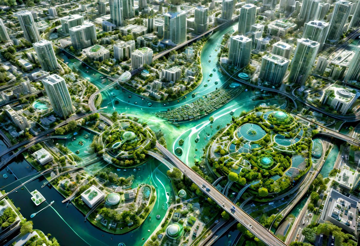 artaitwn, overhead view of downtown. Green zone planning project, illustrated, perfect, cute, water effects, highways. Bridges , giant Android guardian