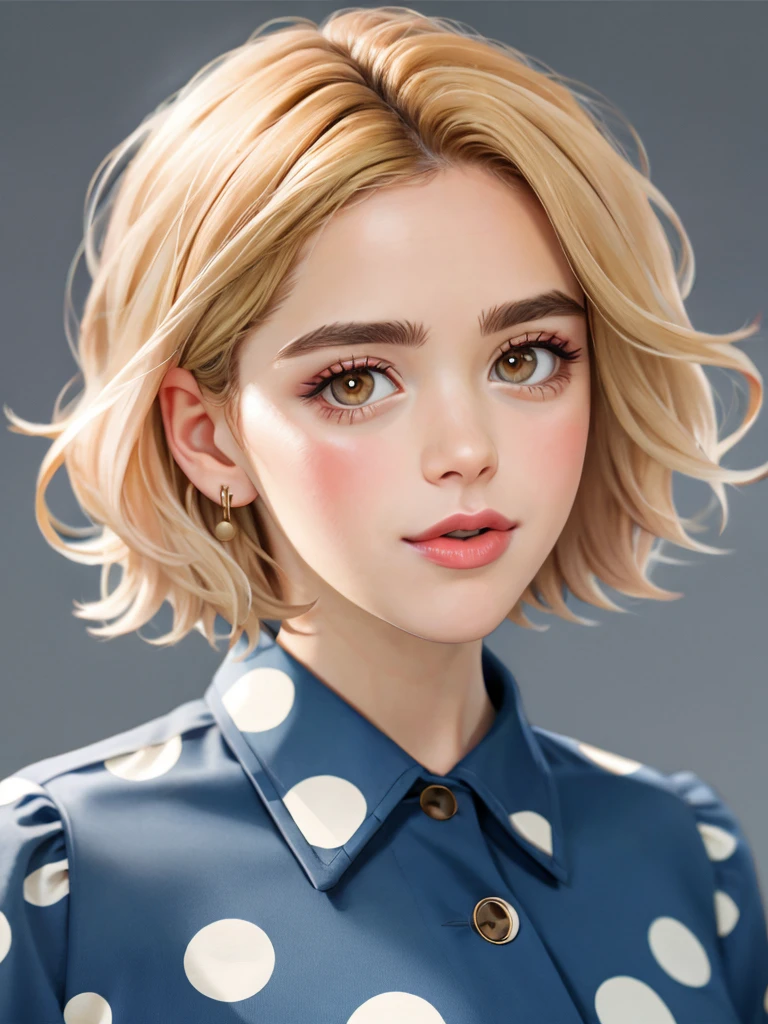 A beautiful k13rn4ns woman, 1girl,solo,looking at viewer,short hair,blonde hair,simple background,jewelry,earrings,parted lips,grey background,lips,makeup,polka dot,portrait,realistic,soft lighting, professional Photography, Photorealistic, detailed, RAW, analog, sharp focus, 8k, HD, high quality, masterpiece<lora:k13rn4ns:1.0>