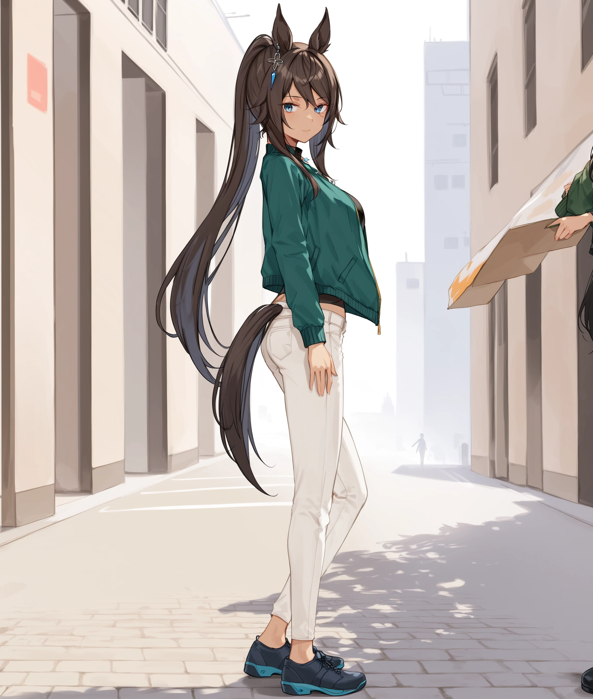 score_9, score_8_up, score_7_up BREAK
city,
casual_clothes, 1girl, solo, long hair, looking at viewer, bangs, blue eyes, brown hair, shirt, black hair, long sleeves, navel, animal ears, hair between eyes, jewelry, very long hair, closed mouth, standing, jacket, tail, full body, ahoge, open clothes, shoes, midriff, pants, dark skin, necklace, black footwear, open jacket, dark-skinned female, crop top, black shirt, turtleneck, horse ears, horse girl, horse tail, green jacket, white pants, ear ornament, looking back,
from side,
<lora:Symboli_KrisS-ponyXL_V1:0.8>,