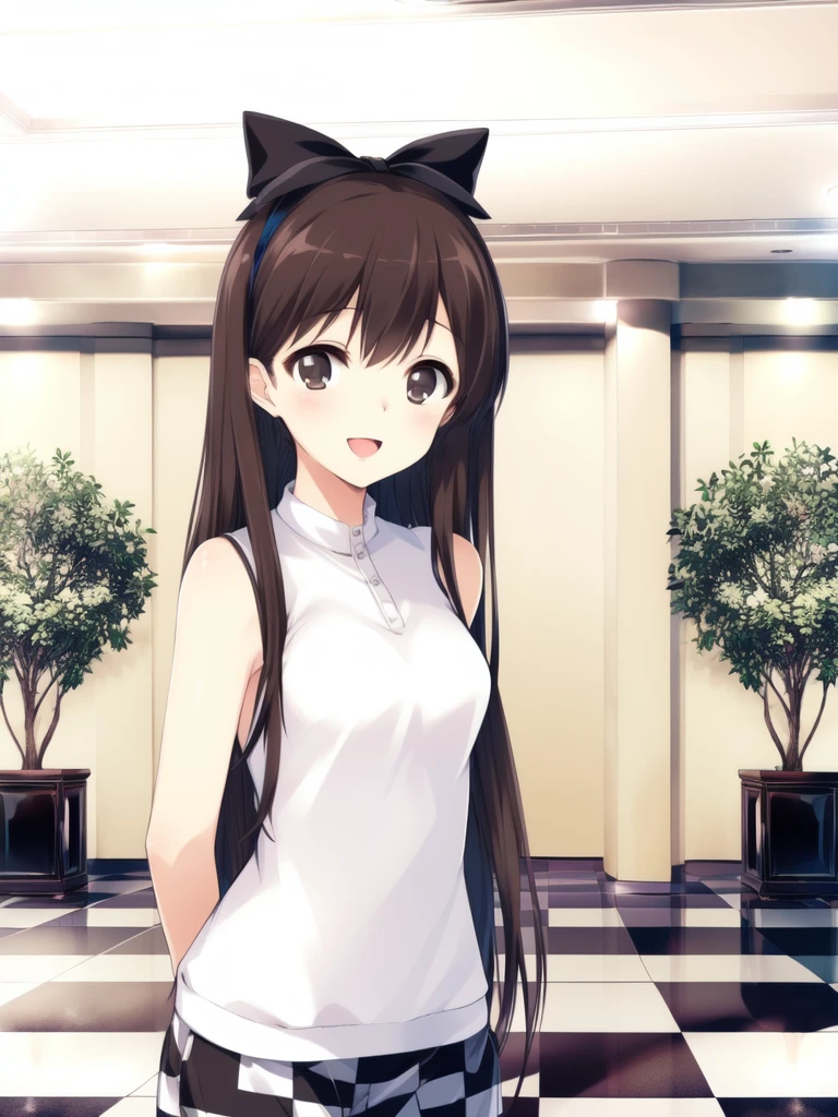 <lora:Morikawa_Yuki:0.8>, MorikawaYuki, 1girl, soro, long hair, brown eyes, black hair, brown hair, hairband, bangs. white
checkered floor, black gloves, open mouth, smile, bow, hair bow, sleeveless, plant, black eyes, indoorsã
masterpiece, high quality, very_high_resolution, large_filesize, full color,