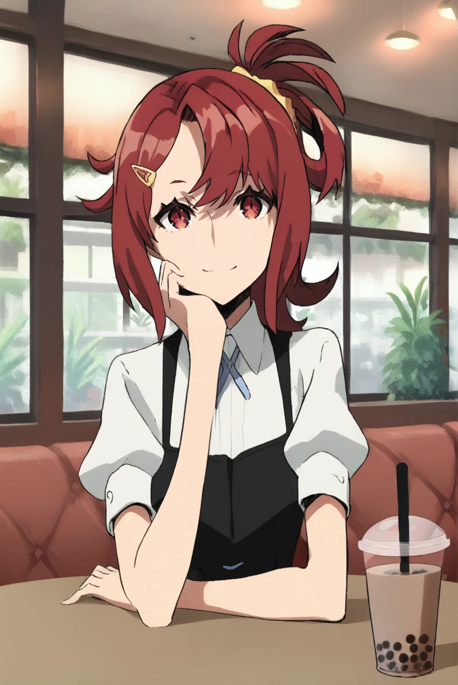 score_9, score_8_up, score_7_up, score_6_up, score_5_up, score_4_up, BREAK source_anime, 1girl,
<lora:ChidoriTakashiroXL-v1-03:1>, ChopioChidoriTakashiro, red hair, medium hair, shiny hair, ponytail, asymmetrical bangs, hairclip, red eyes, hair scrunchie, (looking at viewer:1.3),
outfit_1, short black dress, white shirt, neck ribbon, puffy short sleeves,
cafe, window, potted plant, table, bubble tea, head rest,
sitting, smile,