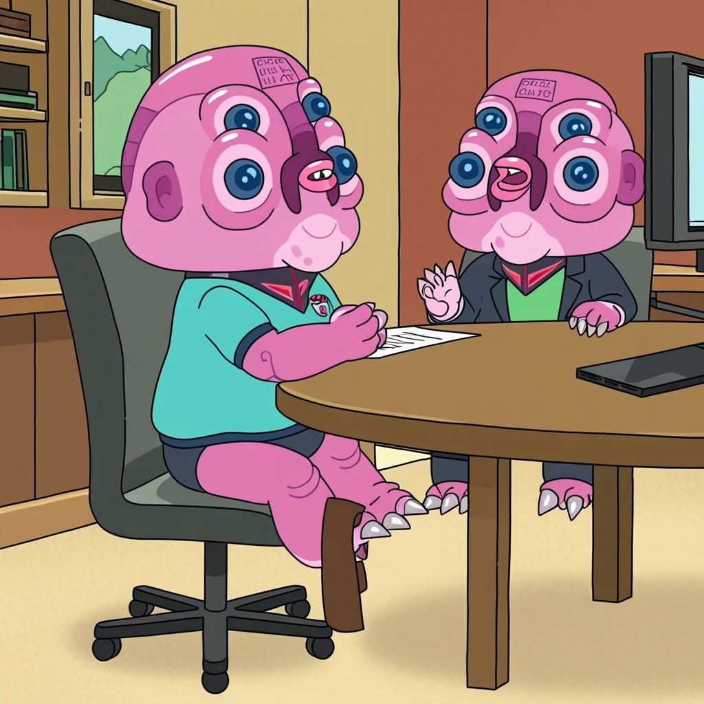 (western animation, cartoon :1.0), Glootie alien, sitting at meeting table, in board room, full body, full shot
<lora:Glootie_AnimagineXL_V30_v2:.8>
