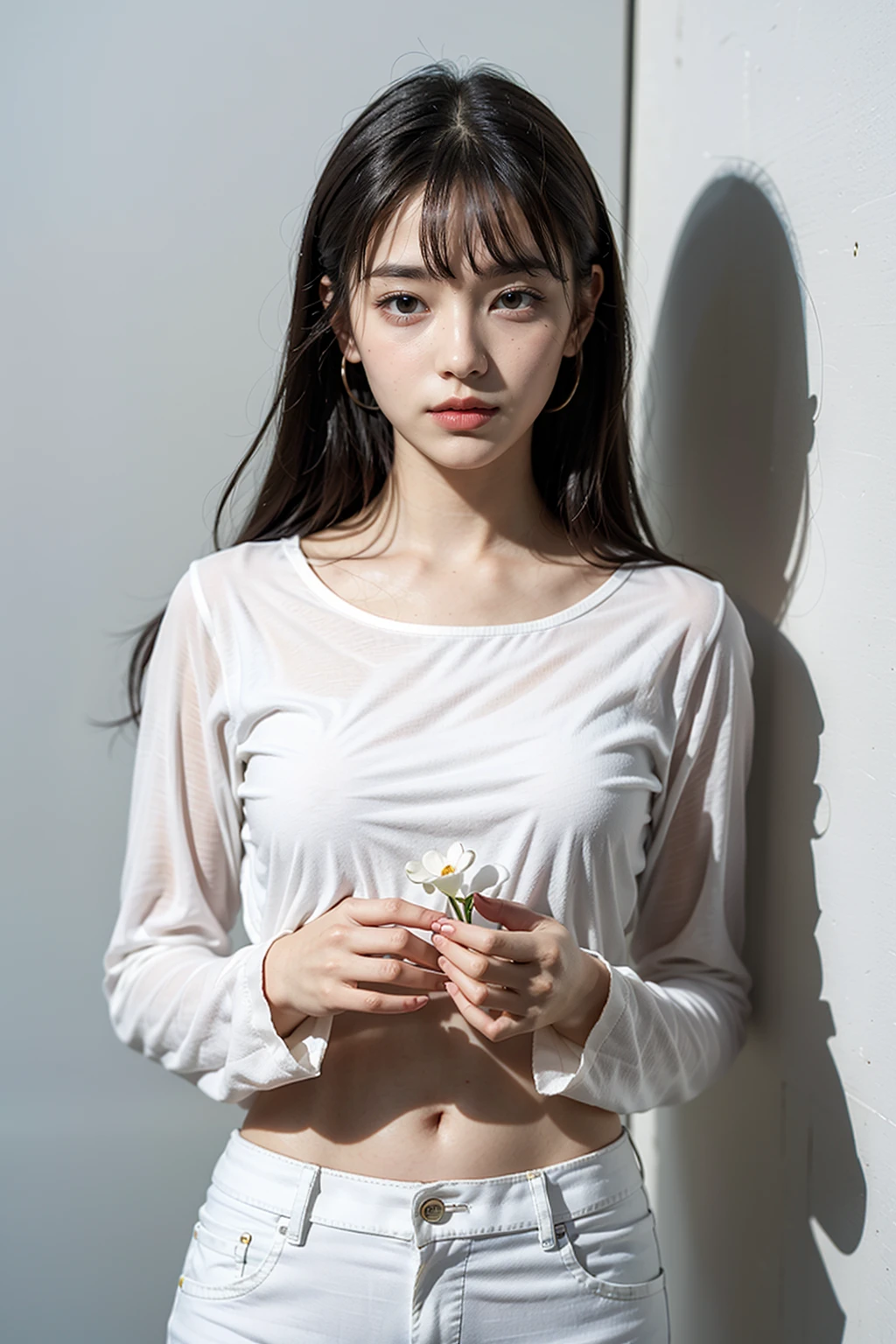 (Masterpiece:1.4, Photorealistic:1.4, 8K resolution, Ultra High Quality, Incredibly Detailed, (realistic skin, Detailed shiny skin), Cinematic lighting, best shadow, (normal physical expression, perfect anatomy:1.8), detailed background, RAW), glossy lips, slender,
((1girl, solo)), 20s beautiful female, standing, glamorous, stylish, modern, vibrant makeup, smail, attractive eyes, (white long sleeve top), (white skinny fit pants), straight black long hair with bangs, slander, white flower wall background