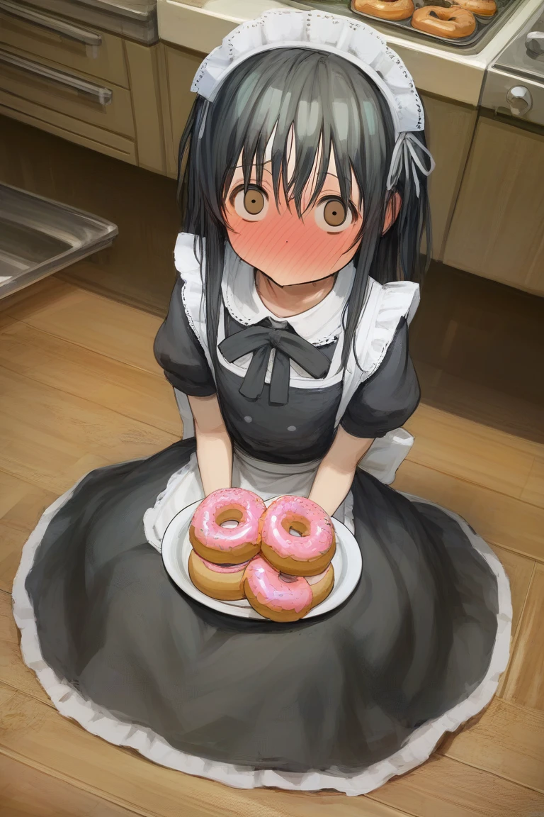 score_9, score_8_up, score_7_up, rating_safe BREAK
1girl, (:s:1.2), puffy cheeks, surprised, shocked, (embarrased, full-face blush:1.2), looking at viewer, long hair, black hair, brown eyes, black dress, maid dress, flat chest, sitting, on floor, eating, donuts, food, stack of plates, from above, (kitchen)