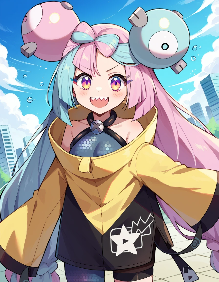 score_9, score_8_up, score_7_up, source_anime,
pokemoniono, <lora:pokemon-iono-ponyxl-lora-nochekaiser:1>
pokemon iono, blue hair, bow-shaped hair, character hair ornament, hair ornament, long hair, low-tied long hair, multicolored hair, pink hair, sharp teeth, split-color hair, twintails, two-tone hair, pink eyes, smile,
asymmetrical legwear, bell, bow-shaped hair, character hair ornament, hexagon print, oversized clothes, pantyhose, single leg pantyhose, split-color hair, jacket, yellow jacket,
outdoors, cityscape,
looking at viewer, cowboy shot, dutch angle,