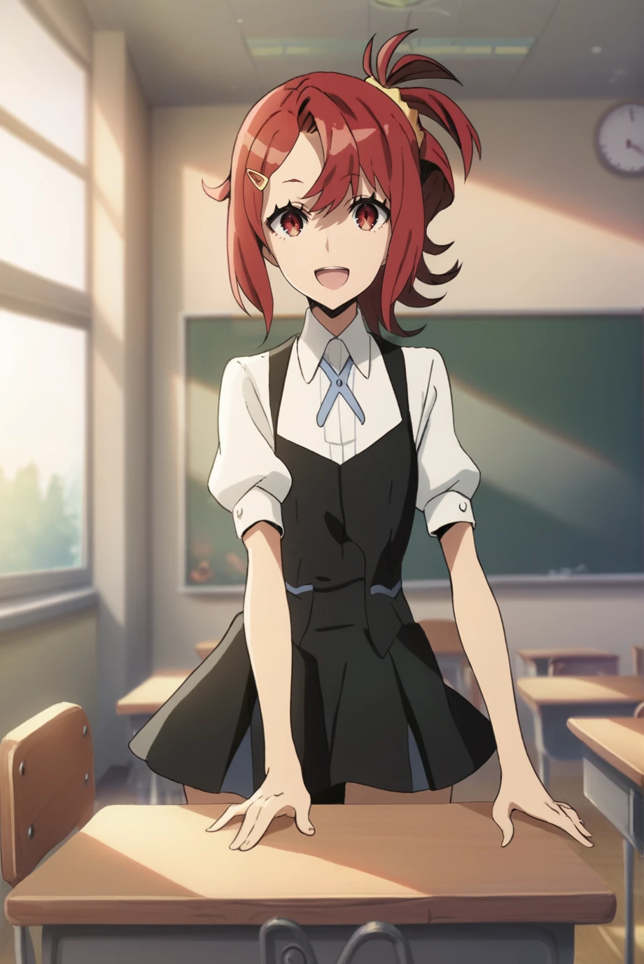 score_9, score_8_up, score_7_up, score_6_up, score_5_up, score_4_up, BREAK source_anime, 1girl,
<lora:ChidoriTakashiroXL-v1-03:1>, ChopioChidoriTakashiro, red hair, medium hair, shiny hair, ponytail, asymmetrical bangs, hairclip, red eyes, hair scrunchie, (looking at viewer:1.3),
outfit_1, short black dress, white shirt, neck ribbon, puffy short sleeves,
classroom, standing, smile=e, open mouth, desk, chair, window,