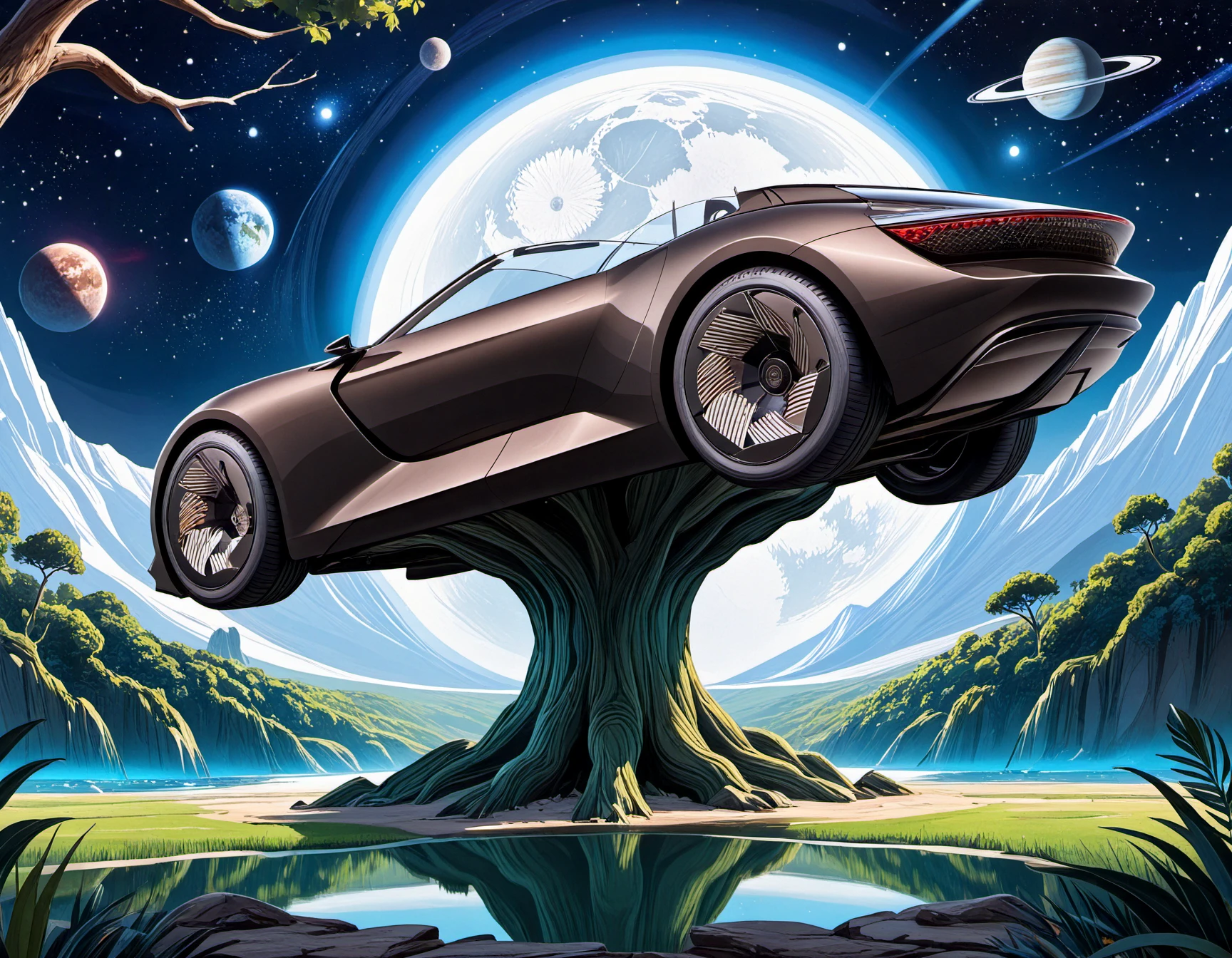 Audi, The image features a black sports car with a convertible top parked, This is a painting or drawing of a car, specifically a convertible, hanging from the roots of a tree in a forest-like setting. The car is suspended in the air, giving the impression that it is flying. The scene is surrounded by trees and mountains, creating a picturesque and imaginative landscape.