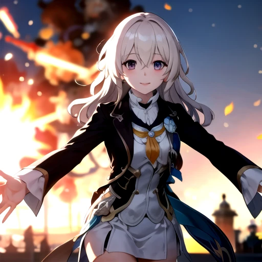 <lora:FireflyHSR-07:0.7>, ffhsr, looking at viewer, blurry background, explosion, parody