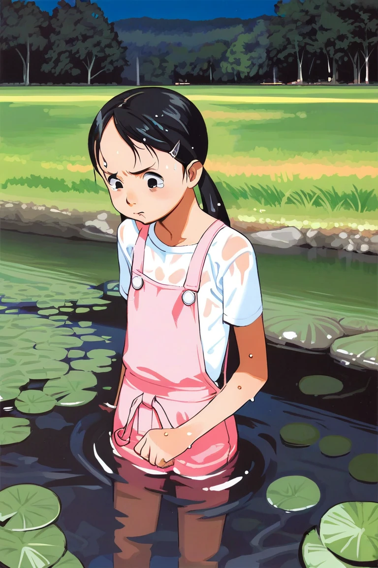 score_9, score_8_up, score_7_up, rating_safe BREAK
1girl, (:t), pout, tearing up, black eyes, black hair, twintails, hairclip, flat chest, white t-shirt, pink overalls, forest, river, partially submerged, (wet, wet clothes, wet shirt, dripping)