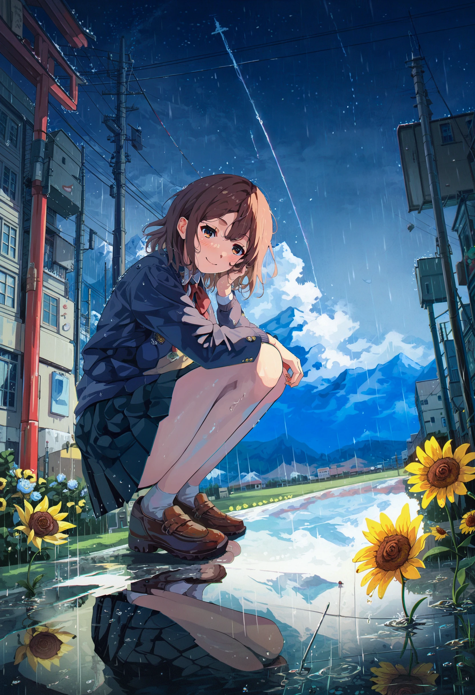 score_9,score_8_up,score_7_up,score_6_up,source_anime,<lora:Sakatsuki_Yakumo_XL:1>,solo,1girl,full body,from side,from below,squatting,blush,smile,brown hair,brown eyes,medium hair,small breasts,school uniform,bare legs,brown footwear,rain,building,puddle,flower,reflection,power lines,rainbow,mountain,