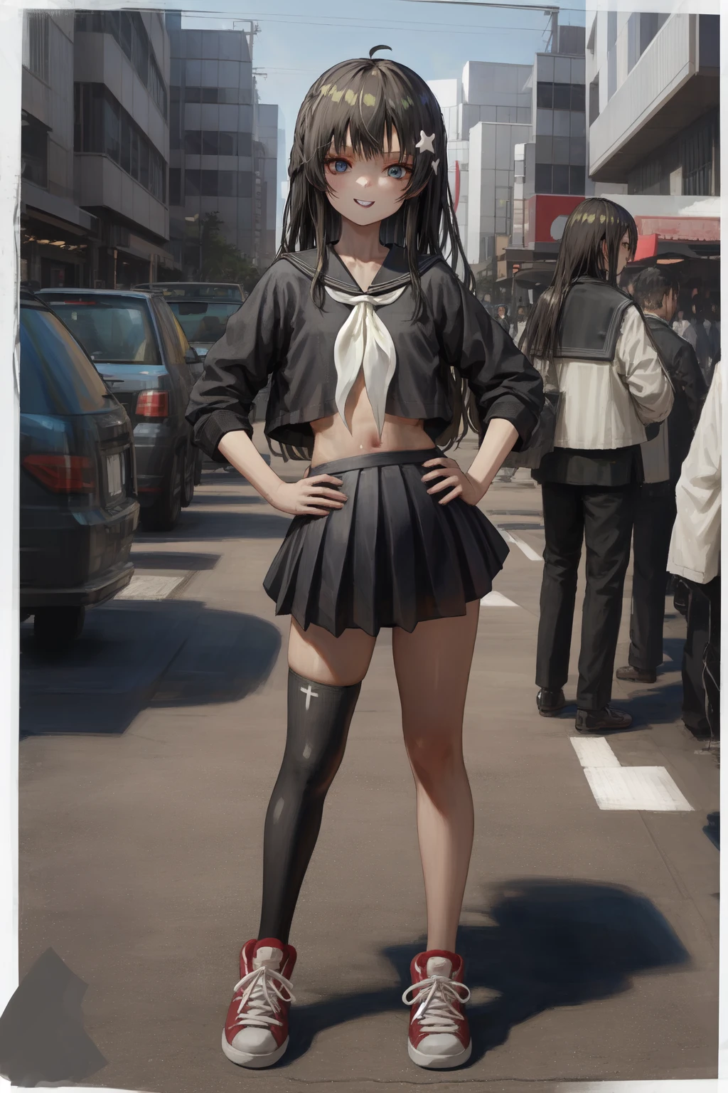 (absurdres, masterpiece, best quality),
1girl, grin, blue eyes, black hair, hair ornament, long hair, ahoge, forehead, flat chest
BREAK black serafuku, black skirt, black shirt, black thighhighs BREAK (white neckerchief:1.2), red sneakers, hands on own hips
BREAK contrapposto, full body, wide shot, detailed background, tokyo, city, bustling street