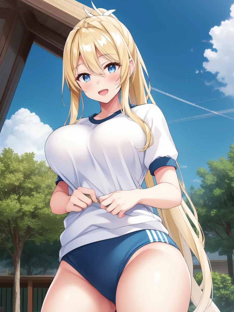 <lora:Styria:0.8>, Styria, 1girl, soro, blonde hair, long hair, large breasts, braid, blue eyes, ponytail, very long hair, smile,
red buruma, blush, gym uniform, open mouth, cowboy Shot,
outdoor, sky,
masterpiece, high quality, very_high_resolution, large_filesize, full color,