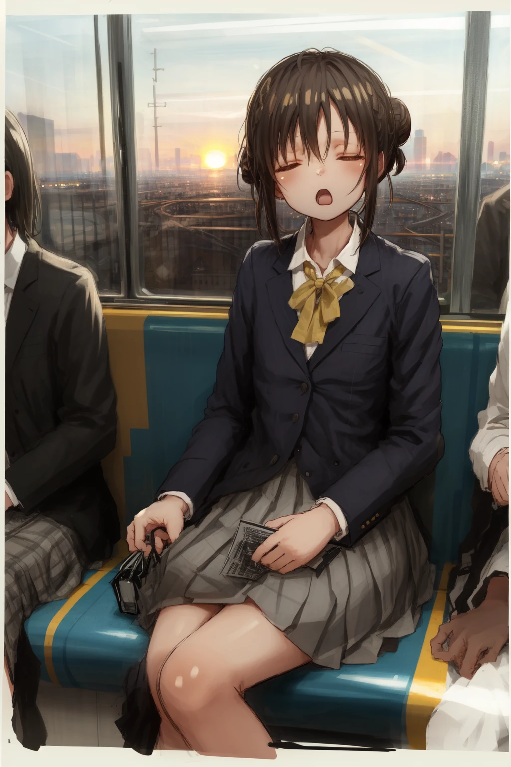(traditional media, sketch:1.2),
1girl, solo, flat chest, single hair bun, dark hair, closed eyes, sleepy, sleeping, open mouth, drool BREAK
grey blazer, white shirt, formal suit, skirt BREAK
sitting, (v arms:0.8), public train, train interior, city background, sunset