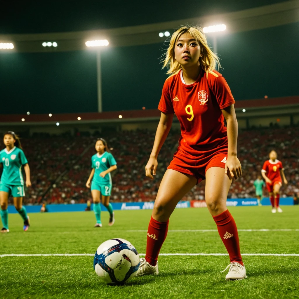 beabadoobee as a soccer player on the pitch during a world cup match, floodlit crowded stadium at night, <lora:beabadoobee-SDXL_v1:1>, sports photography