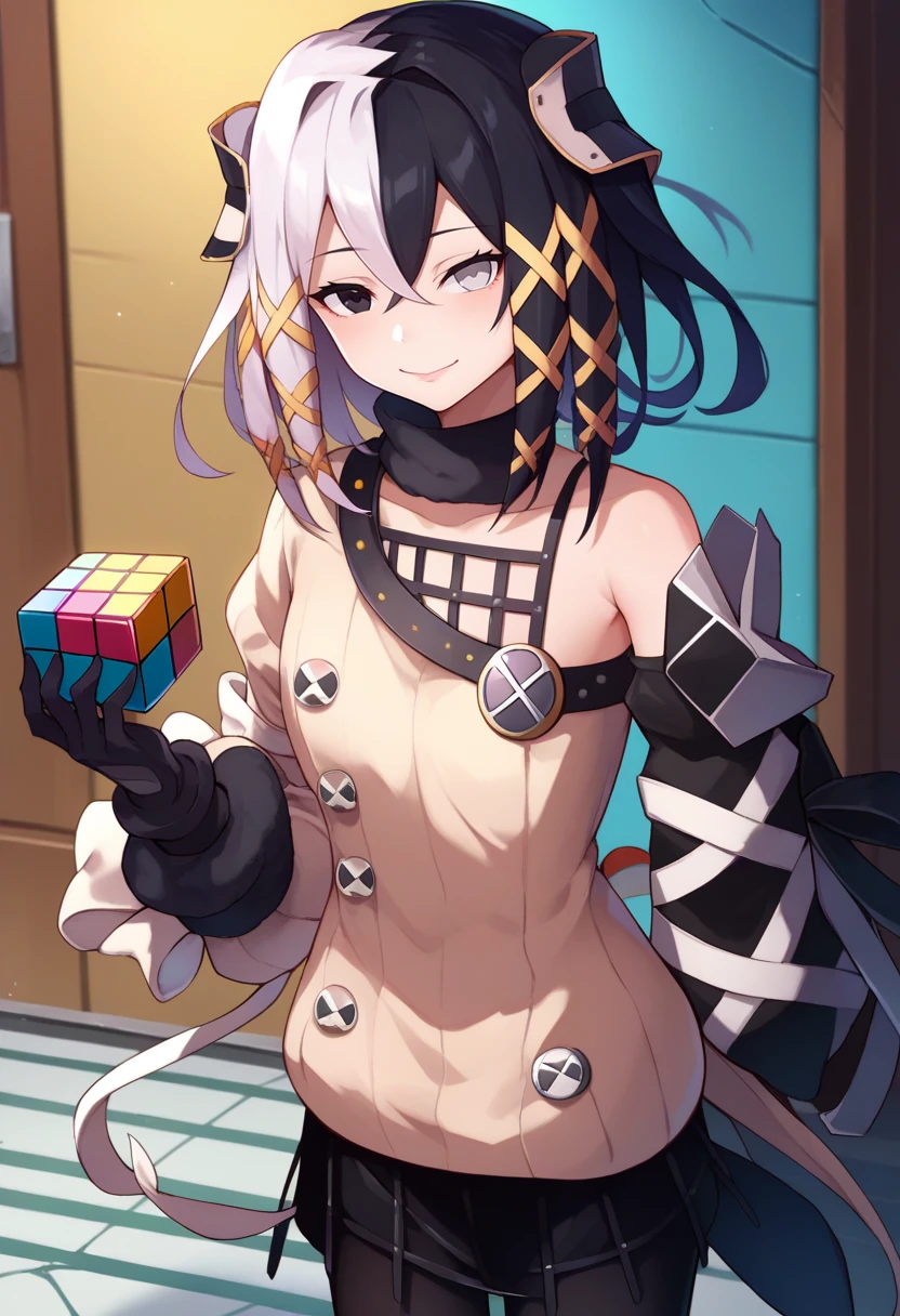 score_9, score_8_up, score_7_up, source_anime, solo, 1girl, olantilene, smile, looking at viewer, holding rubik's cube, x hair ornament, heterochromia, black eyes, grey eyes, white sweater, long sleeves, black sleeves, single detached sleeve, black gloves, black skirt, black pantyhose, single bare shoulder <lora:ol_antilene_ponyXL:1>